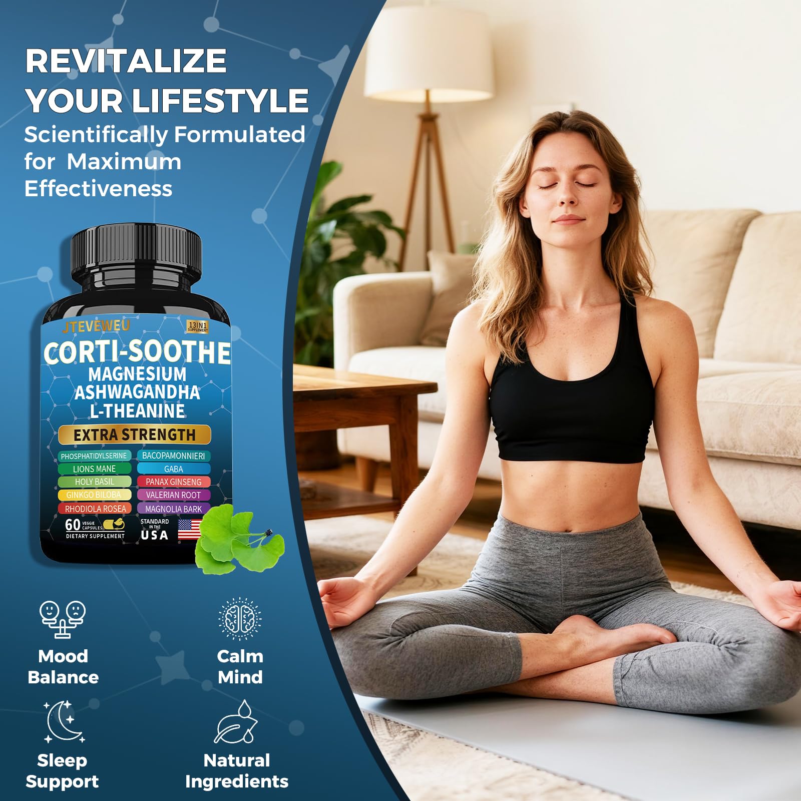 Corti-Soothe Cortisol Supplement for Women and Men with Magnesium Glycinate 200mg, L-Theanine 150mg, Phosphatidylserine 50mg & Manager Holy Basil Ginkgo Biloba Bacopa Monnieri Valerian 60 Capsules JTEVEweu Au supplements