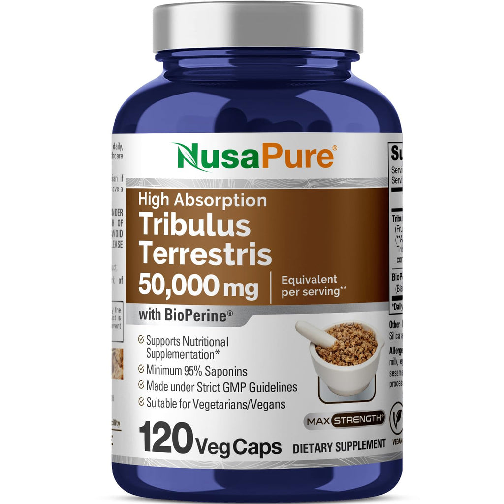 NusaPure Tribulus Terrestris 50:1 Extract, 1000 mg Equivalent to 50,000mg| 120 Veggie Caps | 95% Steroidal Saponins | Non-GMO, Bioperine & Vegan NusaPure Au supplements