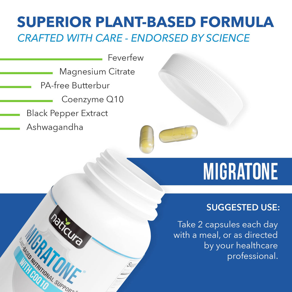 Migratone Migraine Relief Nutritional Support Supplement - with Magnesium, Riboflavin Vitamin B2, B6 & B12, Microactive Coq10, Feverfew, PA-Free Butterbur, and Folate - Clinically Preferred Blend Naticura Au supplements