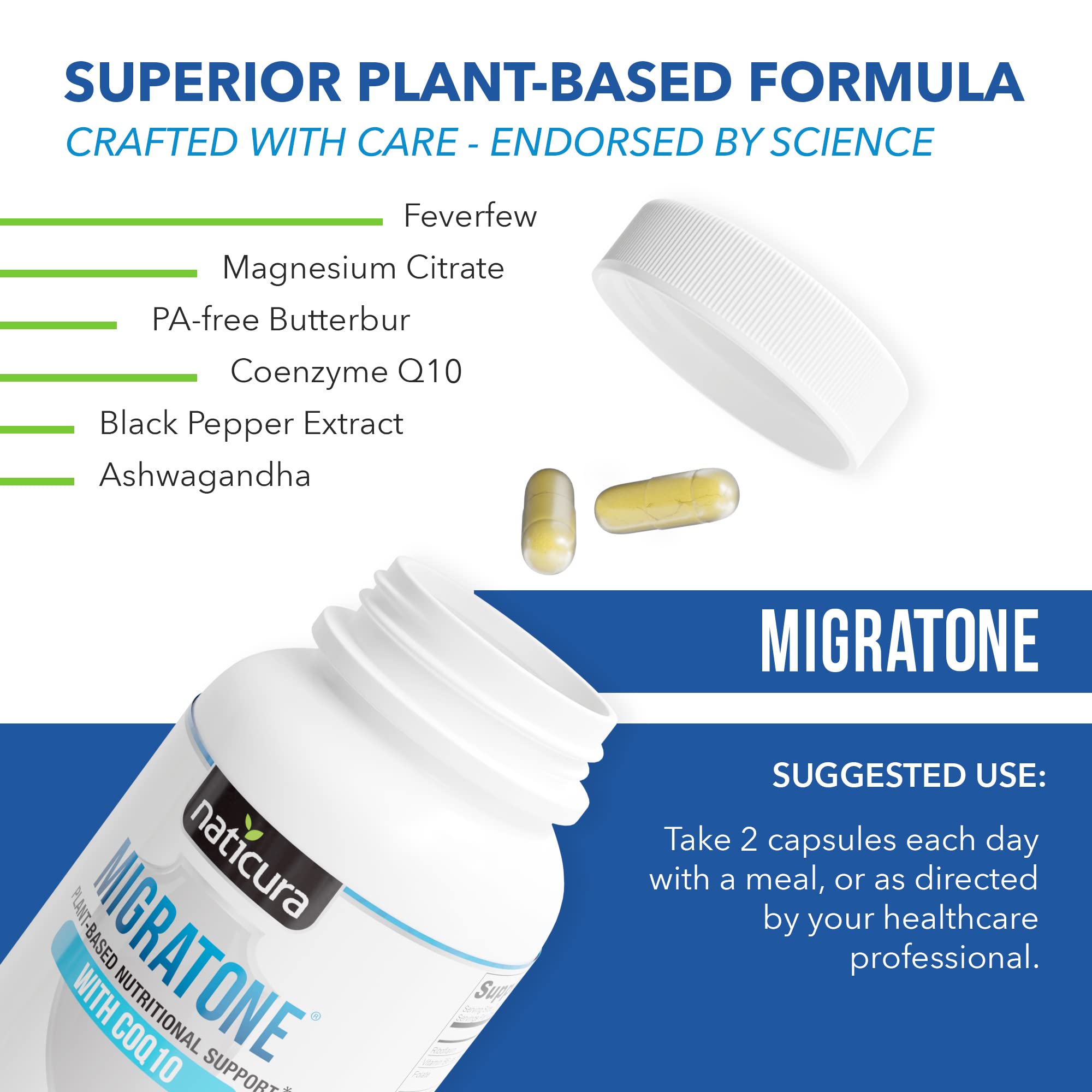 Migratone Migraine Relief Nutritional Support Supplement - with Magnesium, Riboflavin Vitamin B2, B6 & B12, Microactive Coq10, Feverfew, PA-Free Butterbur, and Folate - Clinically Preferred Blend Naticura Au supplements