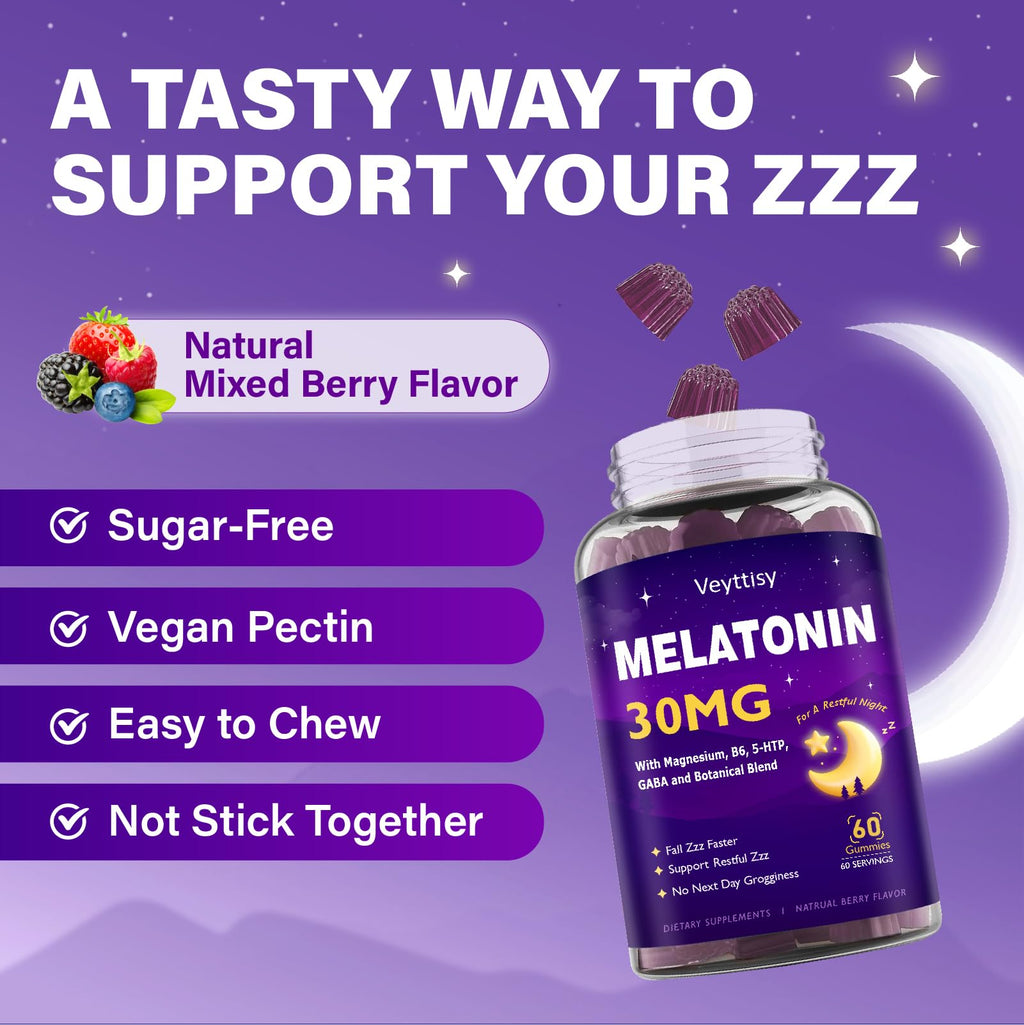 Veyttisy Melatonin 30mg Gummies for Adults - Sugar Free Melatonin Gummies Maximum Strength with Magnesium, B6, GABA & Botanical Blend - Non-Habit Forming,Vegan