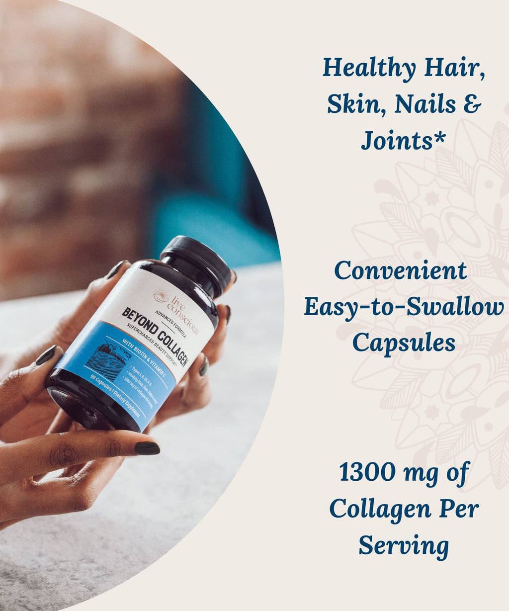 Live Conscious Beyond Collagen Multi Collagen Capsules - Types I, II, III, V & X - Hydrolyzed Blend with Biotin & Vitamin C for Hair, Skin, Nails 90 Capsules Live Conscious Au supplements