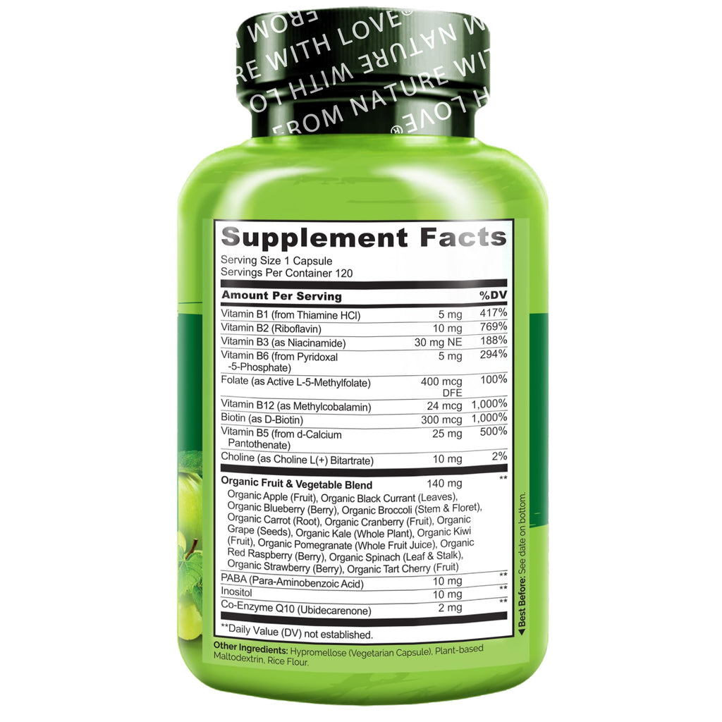 NATURELO Vitamin B Complex,120 Capsules, Vegan, CoQ10, Methyl Folate, Biotin, Fruit & Veg Blend, Supports Energy and Healthy Stress Response