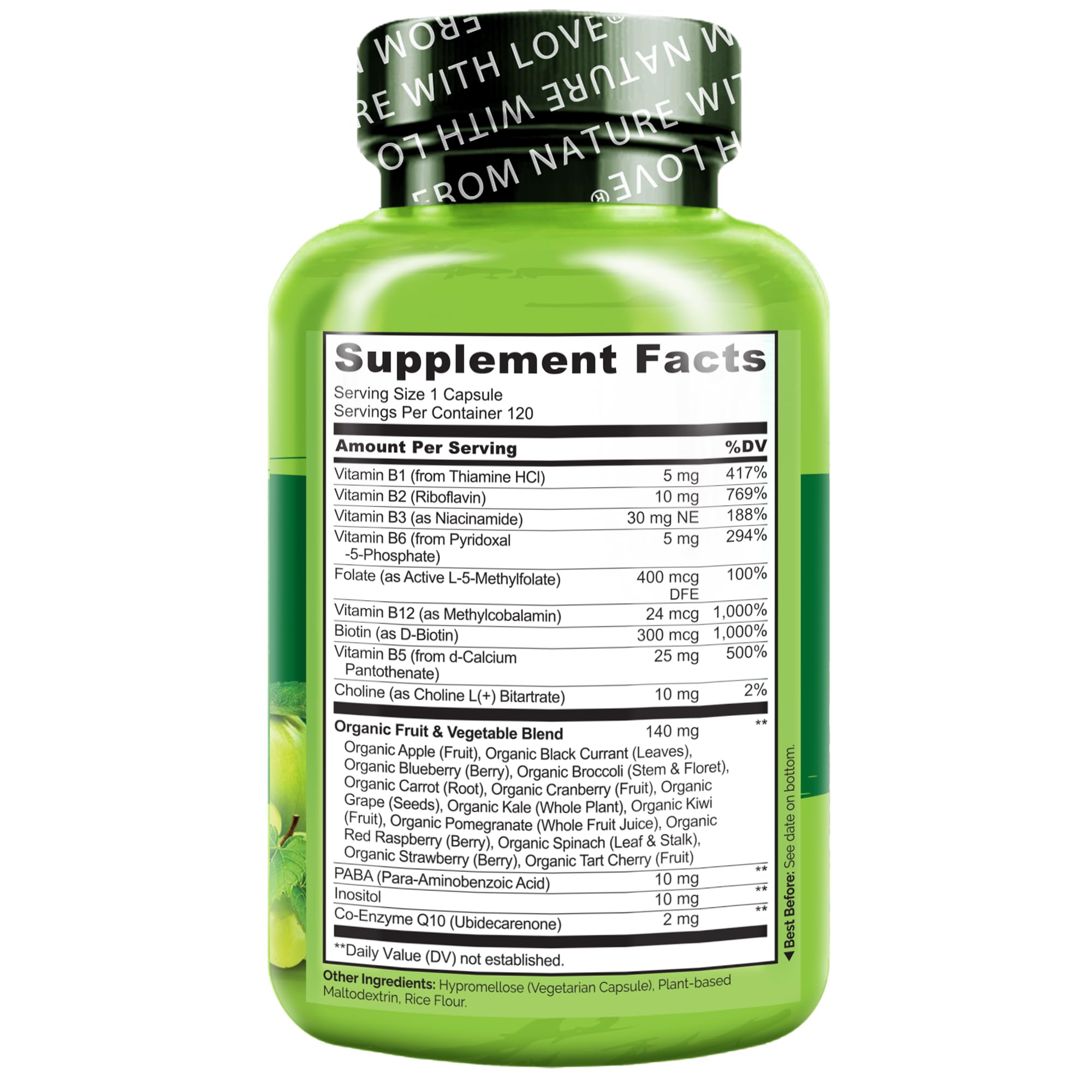 NATURELO Vitamin B Complex,120 Capsules, Vegan, CoQ10, Methyl Folate, Biotin, Fruit & Veg Blend, Supports Energy and Healthy Stress Response