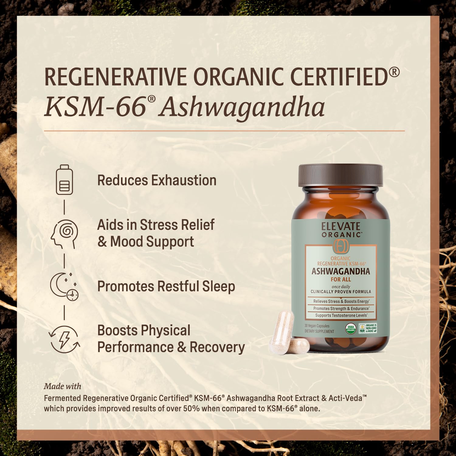 ELEVATE ORGANIC Regenerative Fermented KSM-66 Ashwagandha Vegan Capsules with Acti Veda™ (600mg, 30 Servings), Up to 150% More Effective Than KSM-66 Alone ELEVATE ORGANIC Au supplements