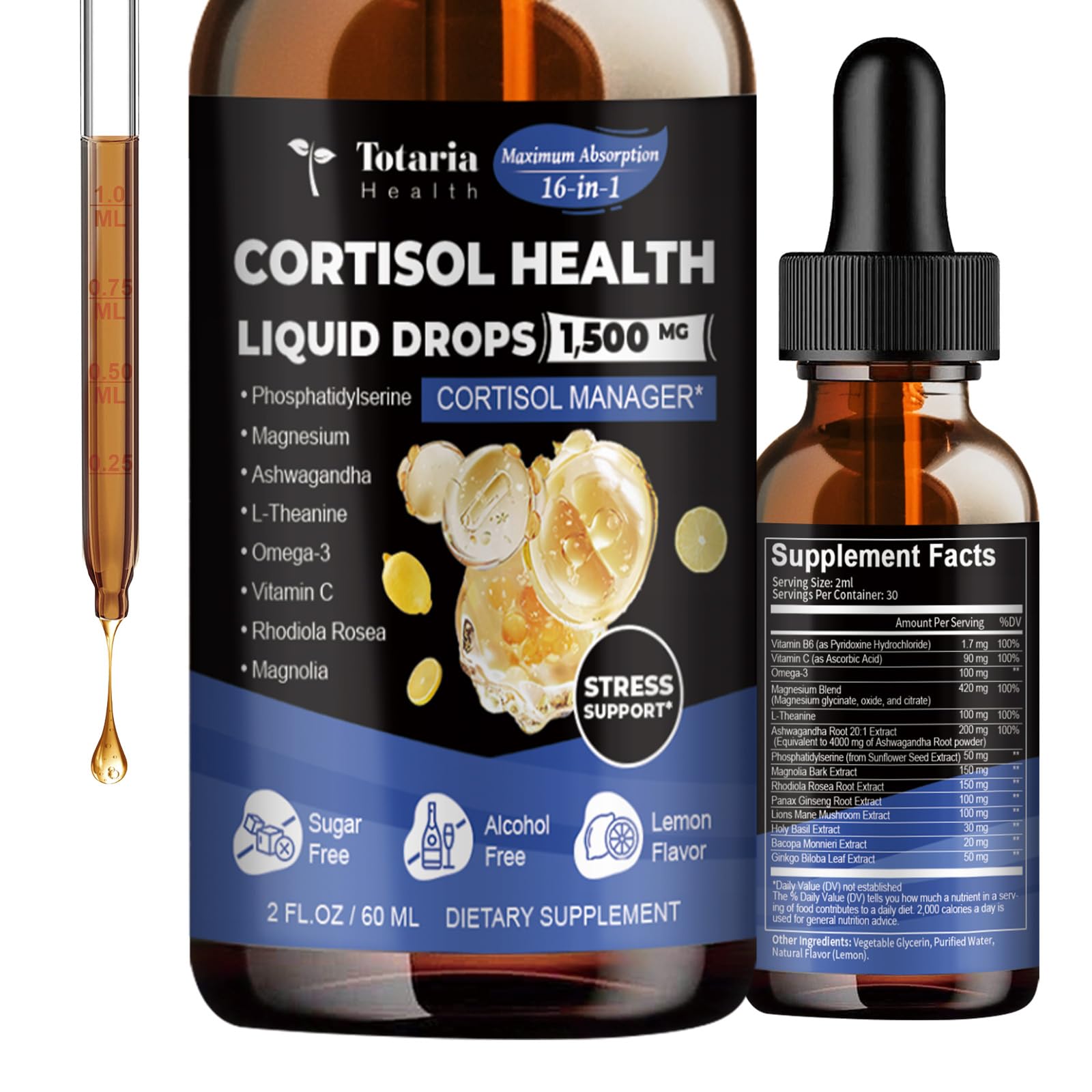 Totaria cortisol Supplement Liquid Drops Hormone Balance for Women Men with Magnesium Complex,Ashwagandha,Rhodiola Rosea,L Theanine,Phosphatidylserine Supplements Mood, Focus, Sleep Support 2 FL.OZ Totaria Au supplements