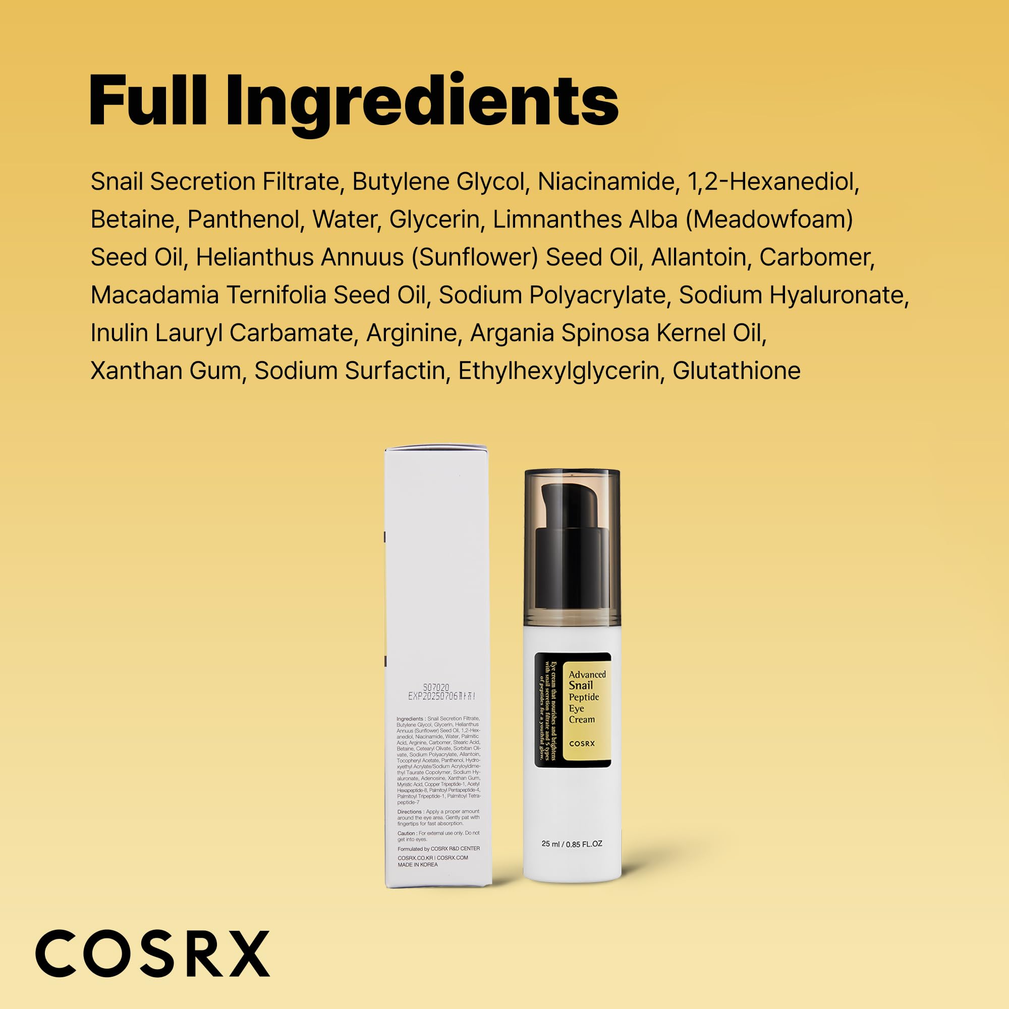 COSRX Snail Mucin Peptide Under Eye Cream, 0.84 fl oz, 73.7% Snail Mucin and Niacinamide, Eye Care