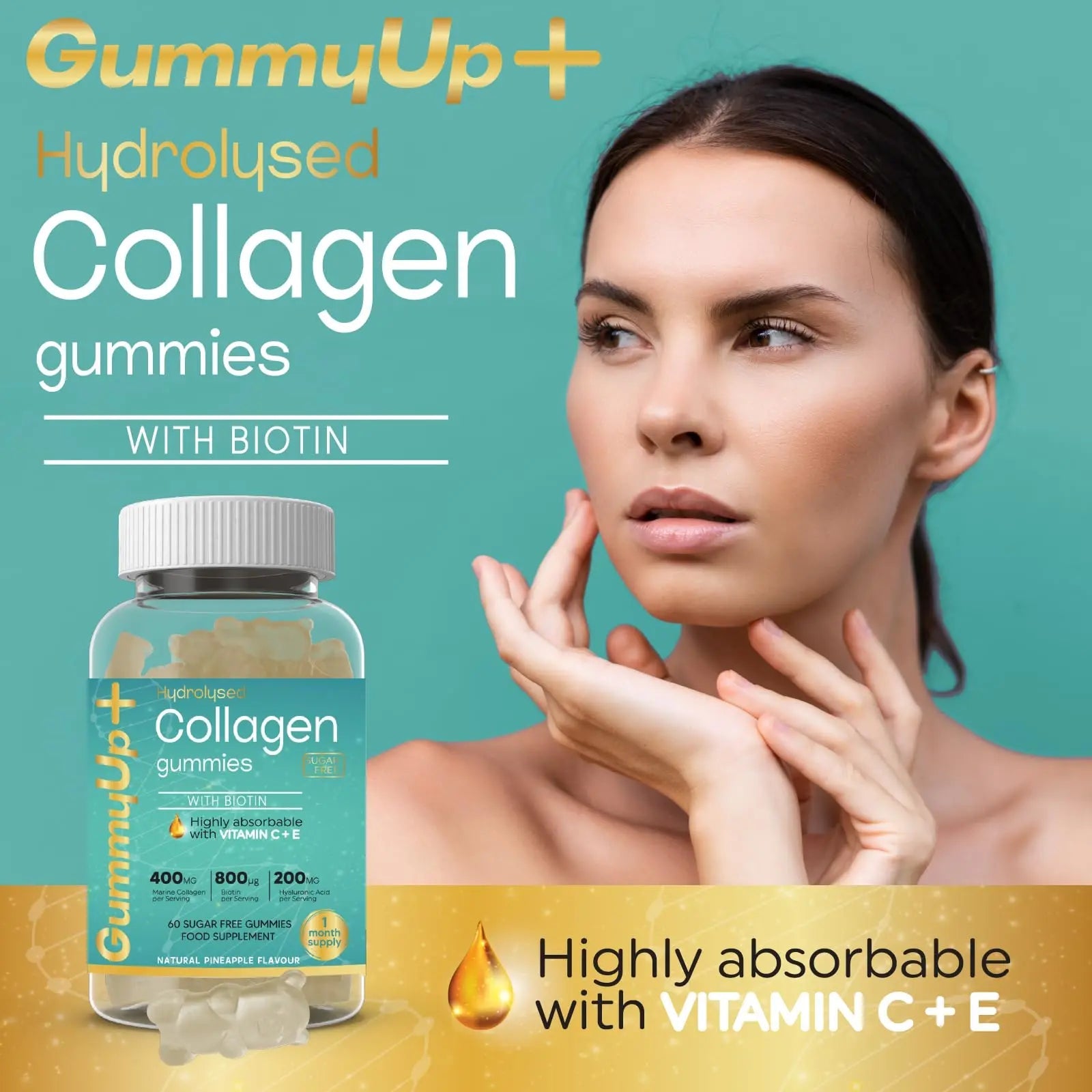 Hydrolysed Collagen Gummies with Biotin, 60 Sugar Free Natural Pineapple Flavoured Gummies ZA ZACANNA Au supplements