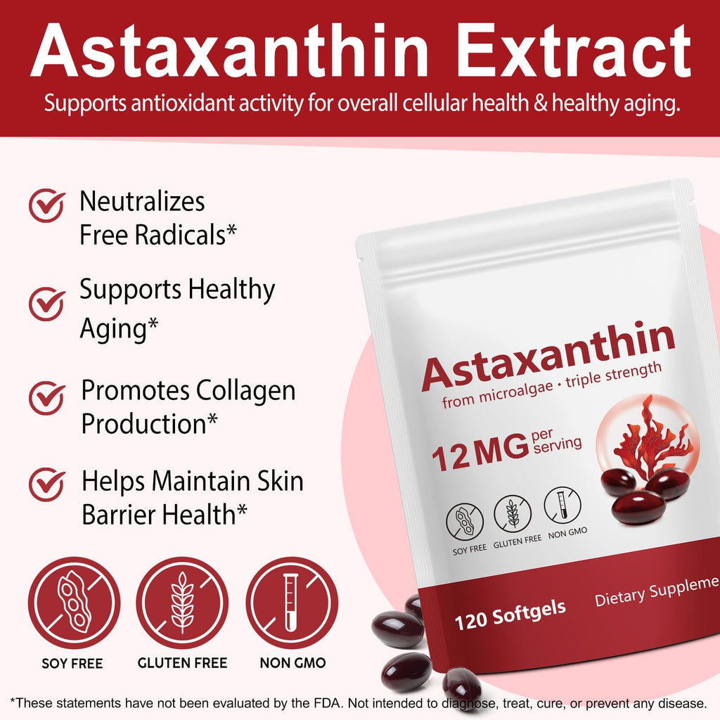 Xaarty Premium Astaxanthin 12mg, Natural Antioxidant Supplement for Eye, Joint, Skin Health,Microalgae Source, 4 Month Supply