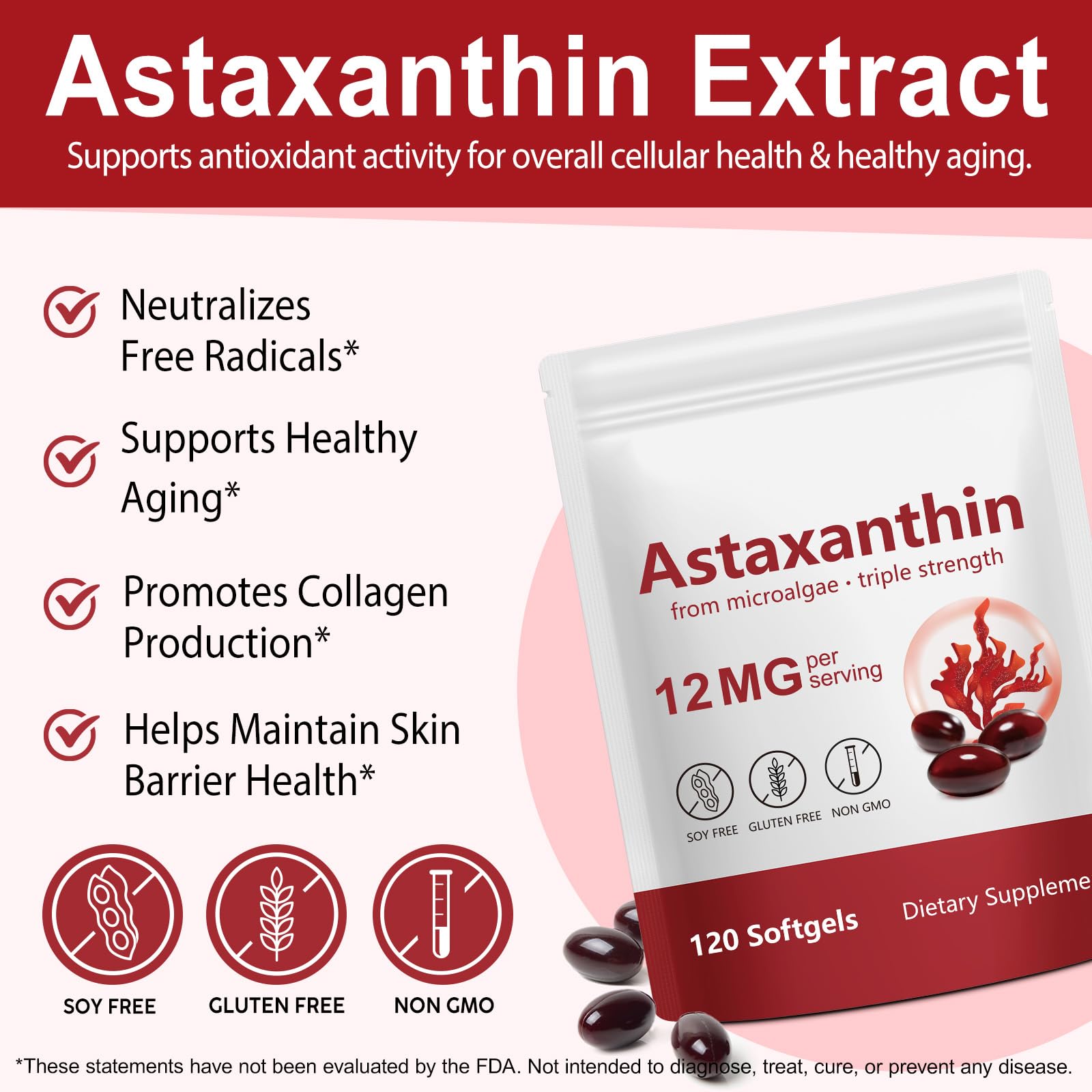 Xaarty Premium Astaxanthin 12mg, Natural Antioxidant Supplement for Eye, Joint, Skin Health,Microalgae Source, 4 Month Supply