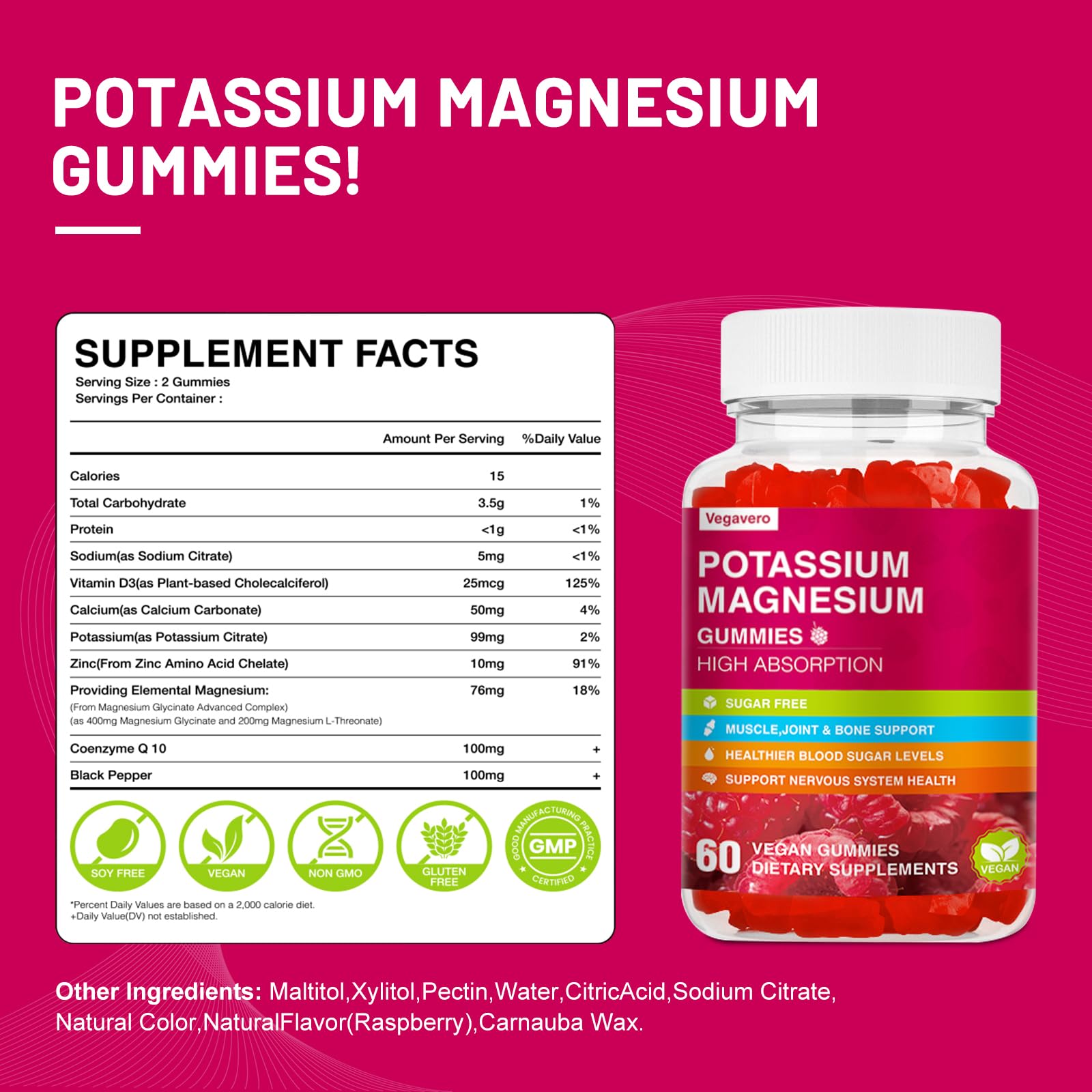 Potassium Magnesium Gummies - High Absorption Magnesium Glycinate & Potassium Citrate Plus Coenzyme Q10, DHA, D3, Mineral & Calcium for Zzz, Leg Cramps & Muscle - 60 Raspberry Gummies Vegavero Au supplements