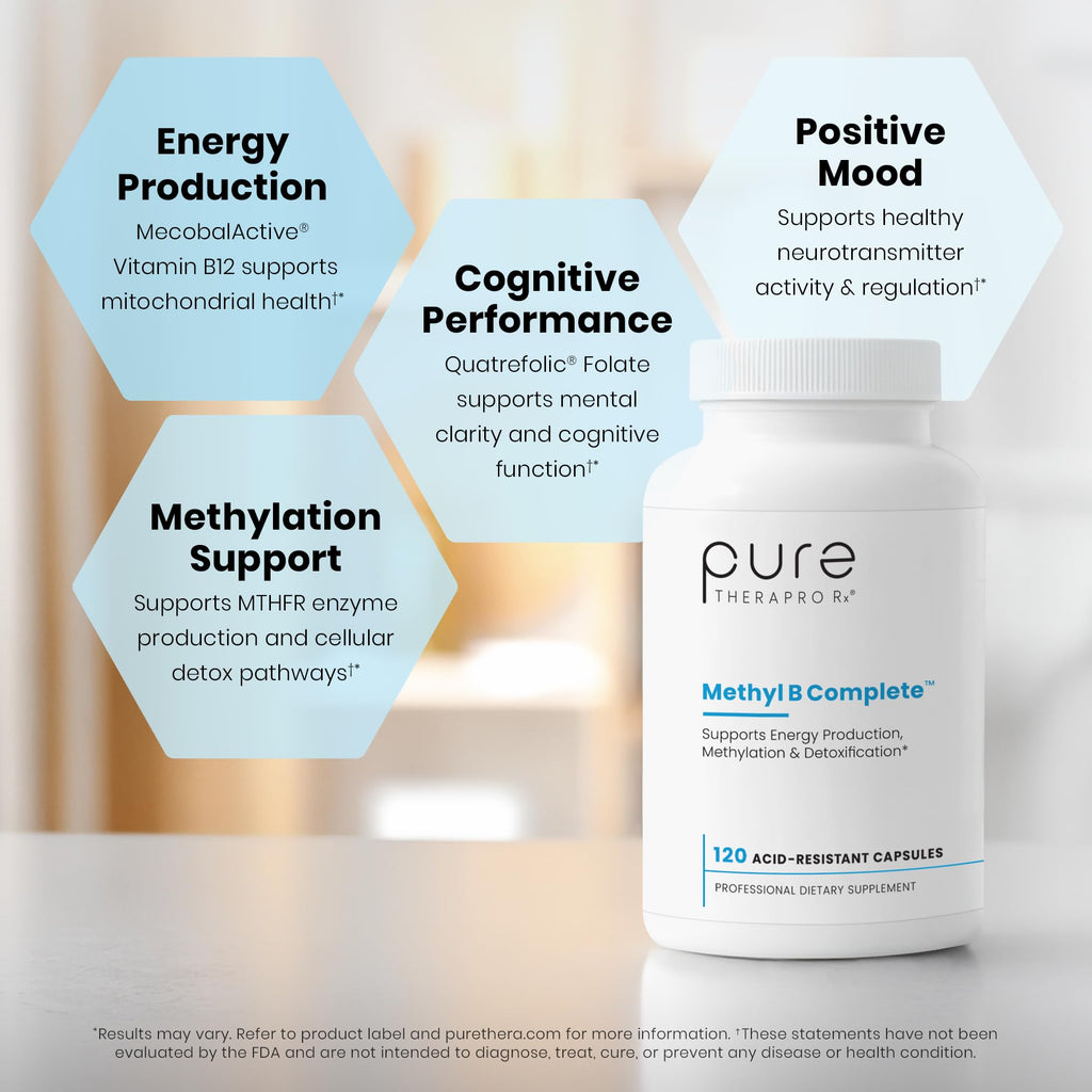 Pure Therapro Rx Methylated B Complex Vitamins Made in USA, 4 Month Supply | Methyl B Complete Quatrefolic 5-MTHF Folate, B12 Methylcobalamin,