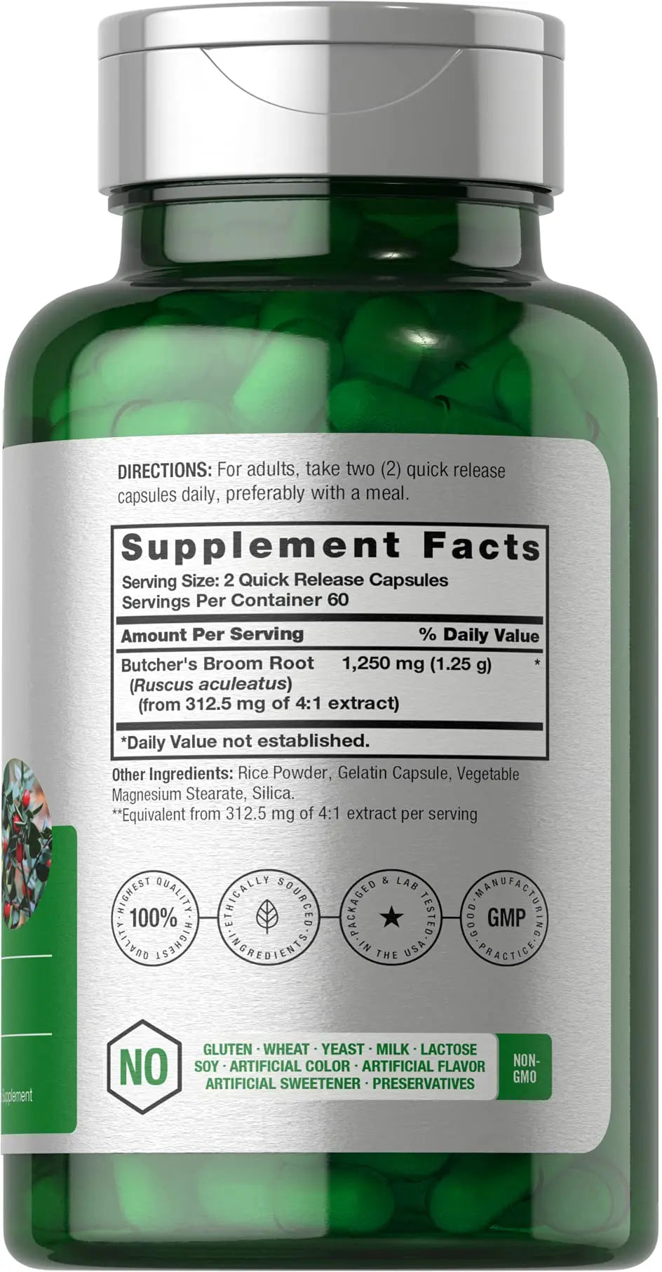 Butchers Broom Capsules 1250mg | 120 Count | Non-GMO, Gluten Free | Traditional Herb Horbäach Au supplements