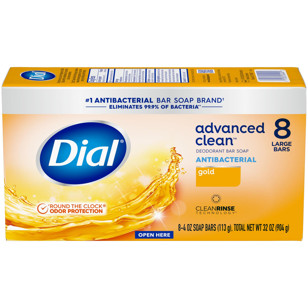 Dial Antibacterial Deodorant Bar Soap, Advanced Clean Gold, 4 Oz, 32 Bars, Round the Clock Odor Protection