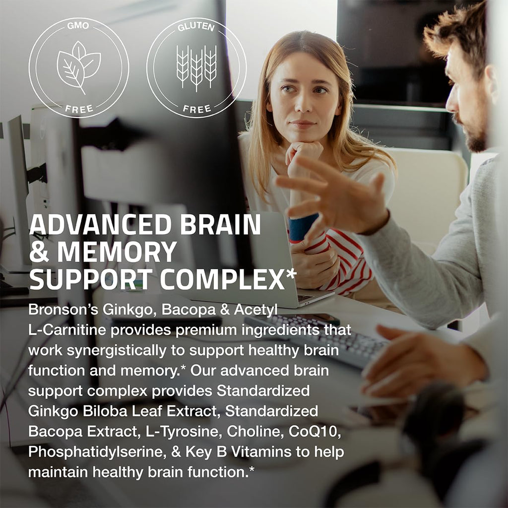 Bronson Ginkgo, Bacopa & Acetyl L-Carnitine Brain & Memory Support Complex with L-Tyrosine, Choline, CoQ10 & Phosphatidylserine Plus Key B Vitamins Non-GMO, 30 Tablets Bronson Au supplements