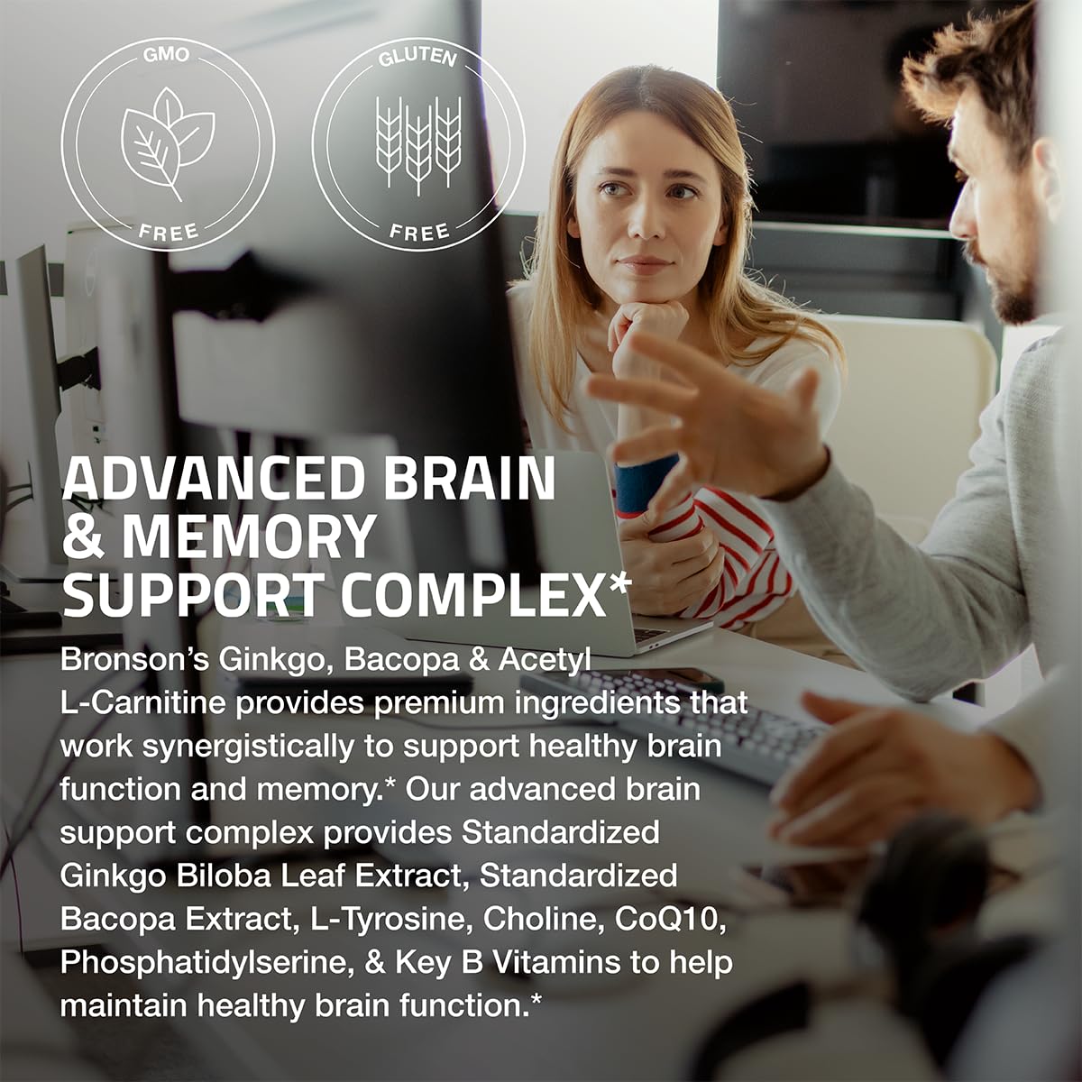 Bronson Ginkgo, Bacopa & Acetyl L-Carnitine Brain & Memory Support Complex with L-Tyrosine, Choline, CoQ10 & Phosphatidylserine Plus Key B Vitamins Non-GMO, 30 Tablets Bronson Au supplements