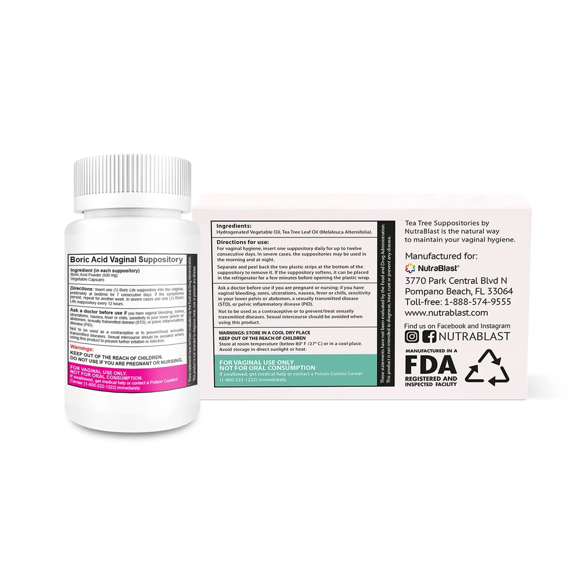 NutraBlast Boric Acid Vaginal Suppositories 600mg (30 Count) w/Tea Tree Oil Suppositories (12 Count) NutraBlast Au supplements