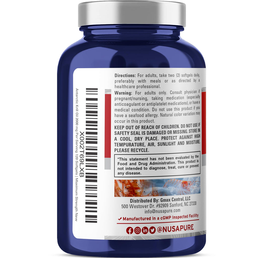 NusaPure Antarctic Krill Oil 2000 mg 120 Softgels, Omega-3 EPA 360mg, DHA 240mg, Soyfree Astaxanthin Supplement Sourced from Krill 800ppm NusaPure Au supplements