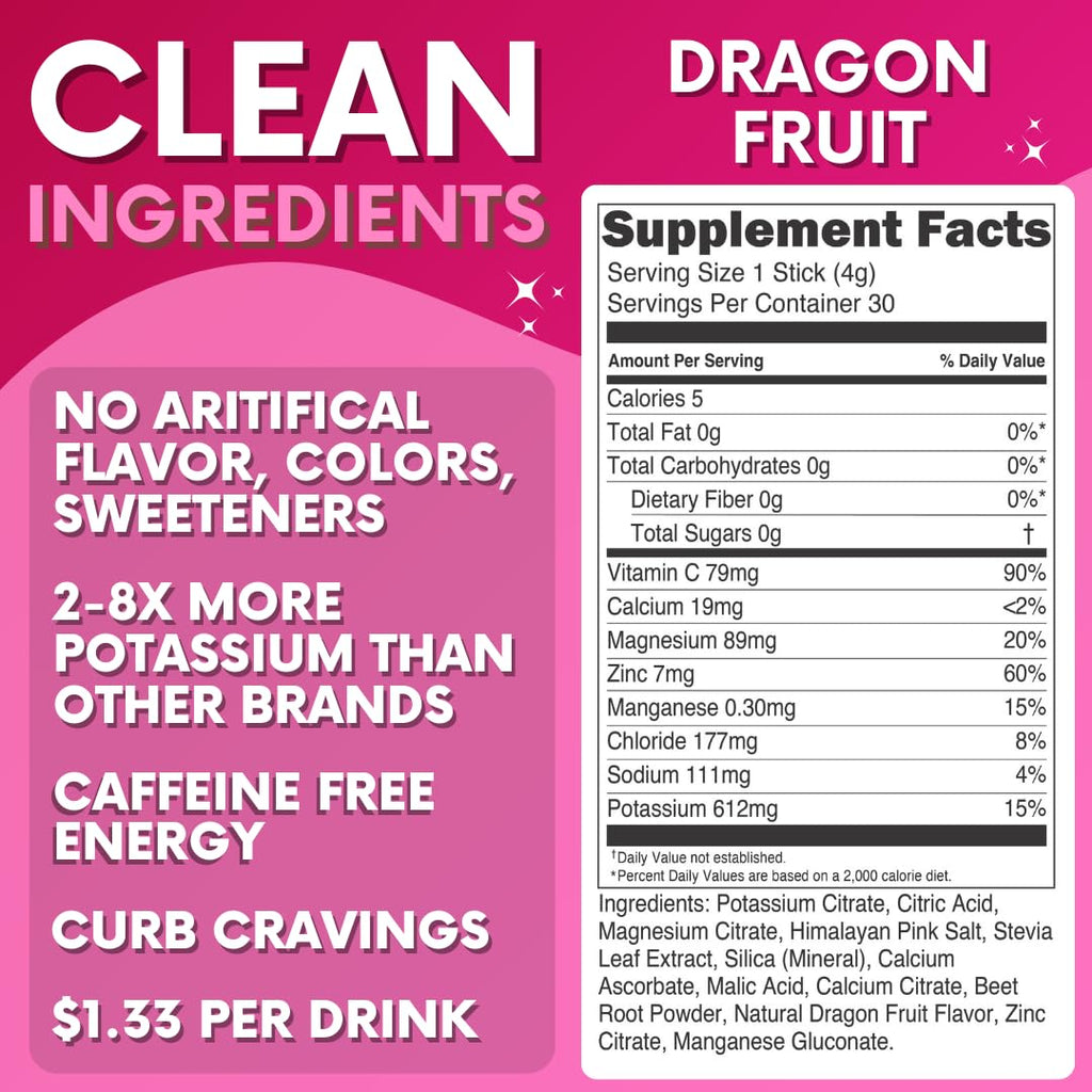 Zero Sugar Dragon Fruit Electrolytes Sticks - Refreshing Hydration - Caffeine Free Energy with Natural Ingredients - Vegan, Keto & Paleo