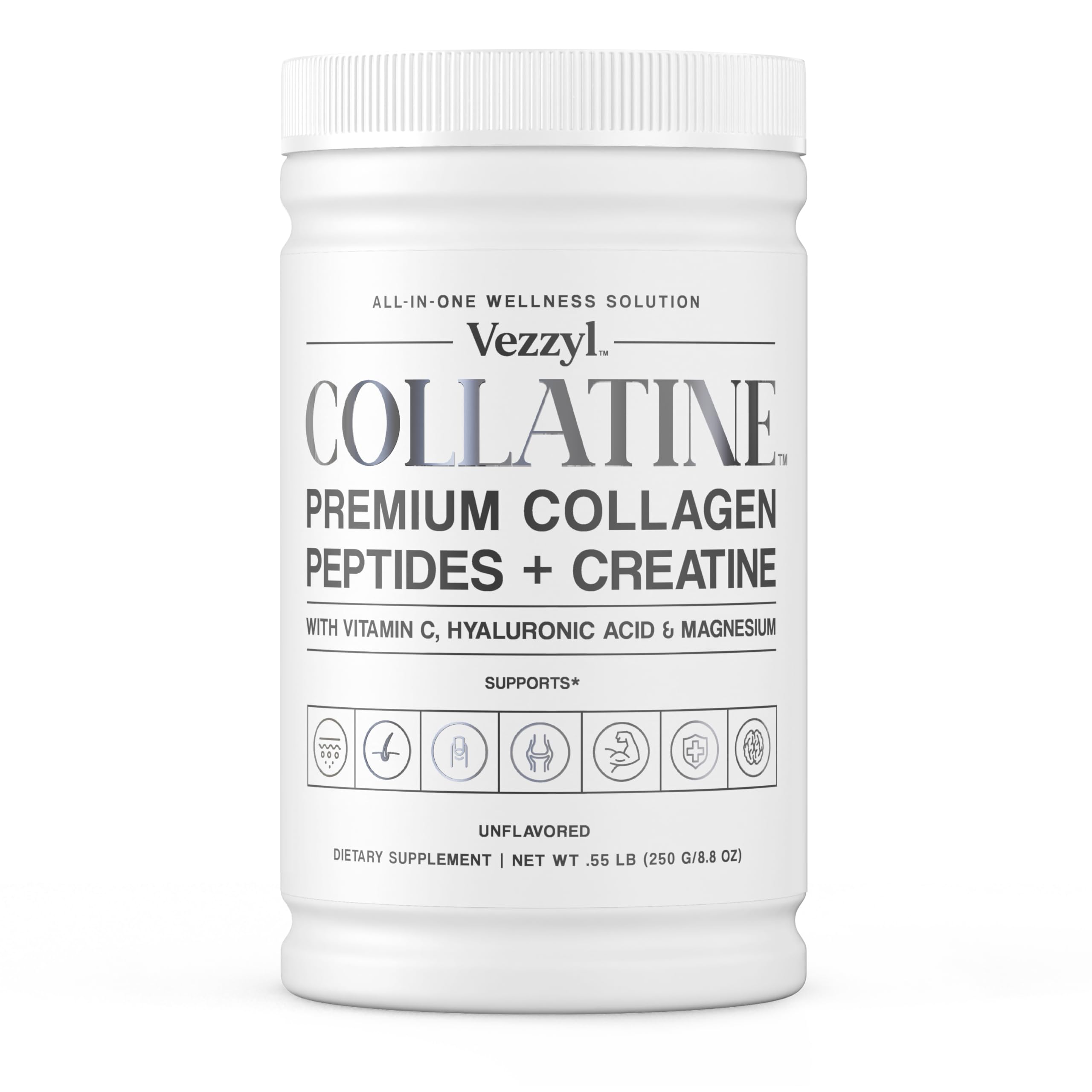 Vezzyl - Collatine - Premium Collagen Peptides + Creatine with Vitamin C, Hyaluronic Acid and Magnesium for Skin, Hair, Nails, Bone & Joint, Muscle, Immune and Cognitive Aid (.55 LB (250 G/8.8 OZ) Vezzyl Au supplements