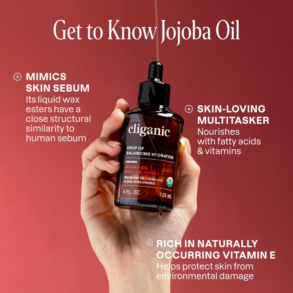 Cliganic Organic Jojoba Oil, 100% Pure (4oz) | Moisturizing for Face, Hair, Skin & Nails