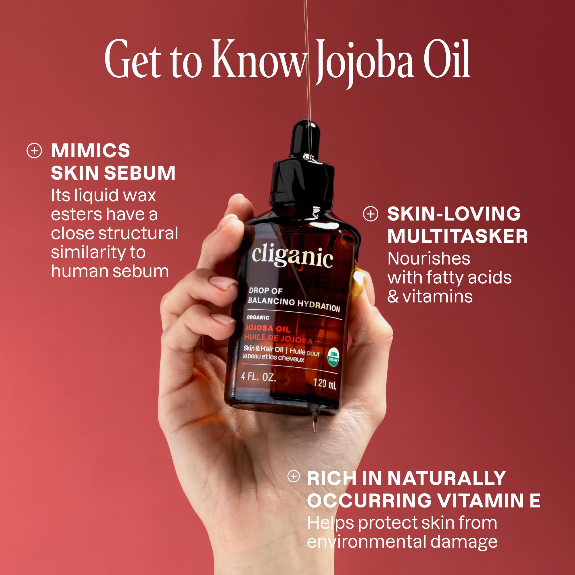 Cliganic Organic Jojoba Oil, 100% Pure (4oz) | Moisturizing for Face, Hair, Skin & Nails