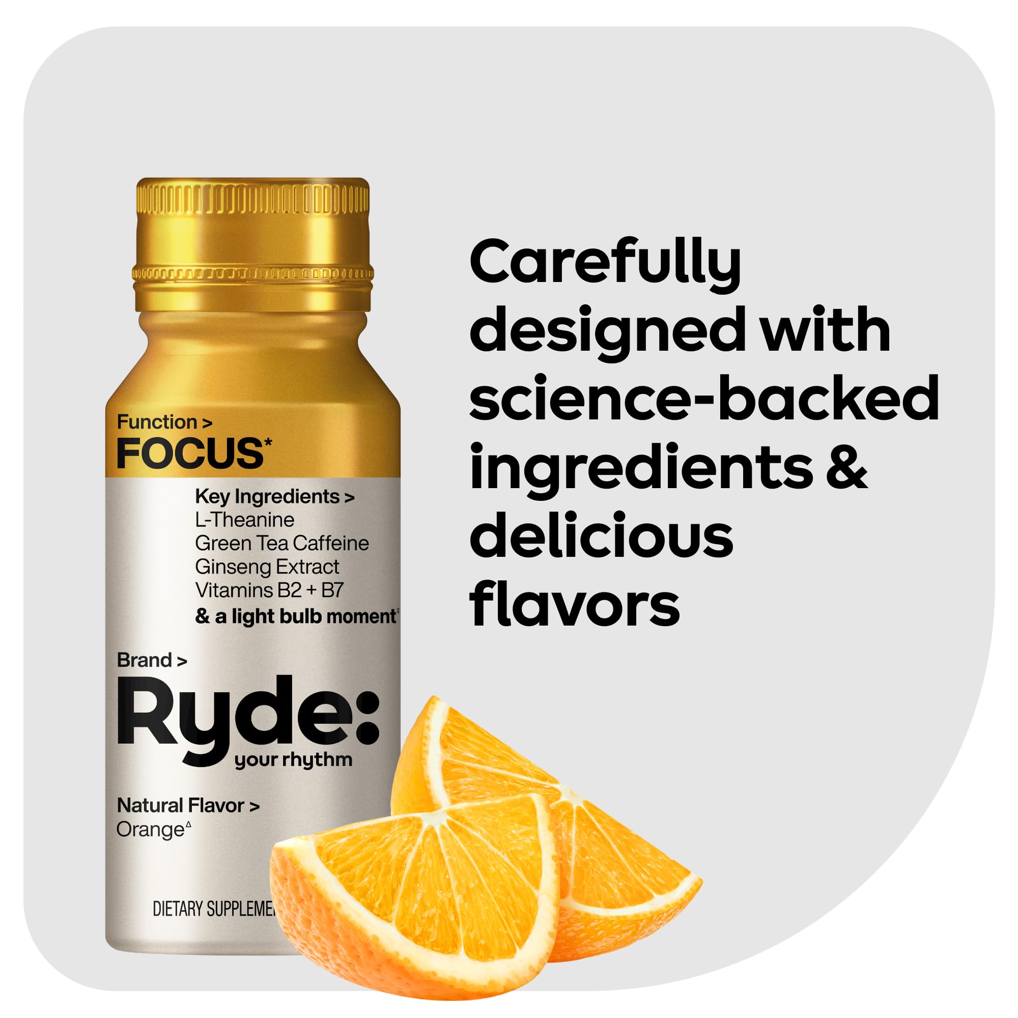 Ryde: Focus Shot | Orange Flavor | L-Theanine & Ginseng | Green Tea Caffeine | Vitamins B2 & B7 | 0 Calories, 0 Sugar | 2 FL OZ Shots | Supports Focus* (8 Pack) RYDE Au supplements