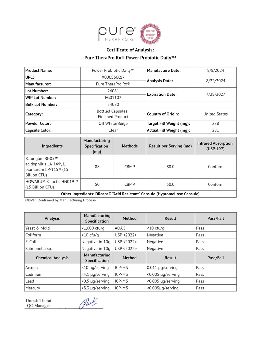 Pure Therapro Rx Power Probiotic Daily - 30 Acid-Resistant Capsules | 4 Proven Strains - 30 Billion CFU/Capsule | Patented Activ-Vial Desiccant Bottle
