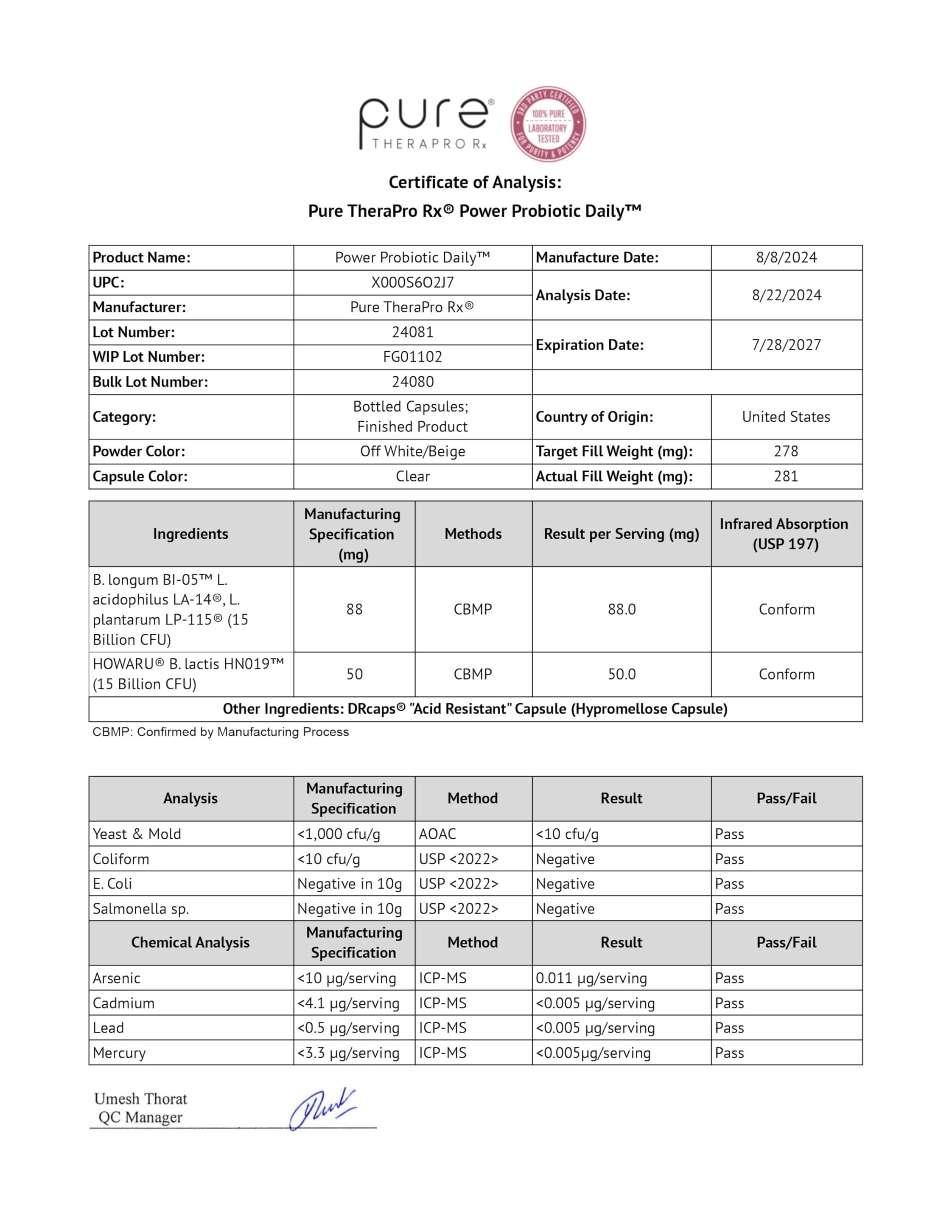 Pure Therapro Rx Power Probiotic Daily - 30 Acid-Resistant Capsules | 4 Proven Strains - 30 Billion CFU/Capsule | Patented Activ-Vial Desiccant Bottle