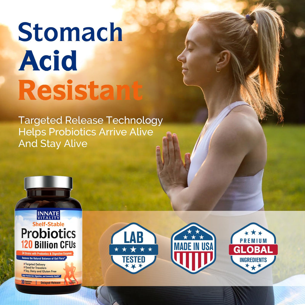 Innate Vitality Probiotics 120 Billion CFUs for Men & Women, 34 Strains with Prebiotics & Digestive Enzymes, Immune & Digestive Health