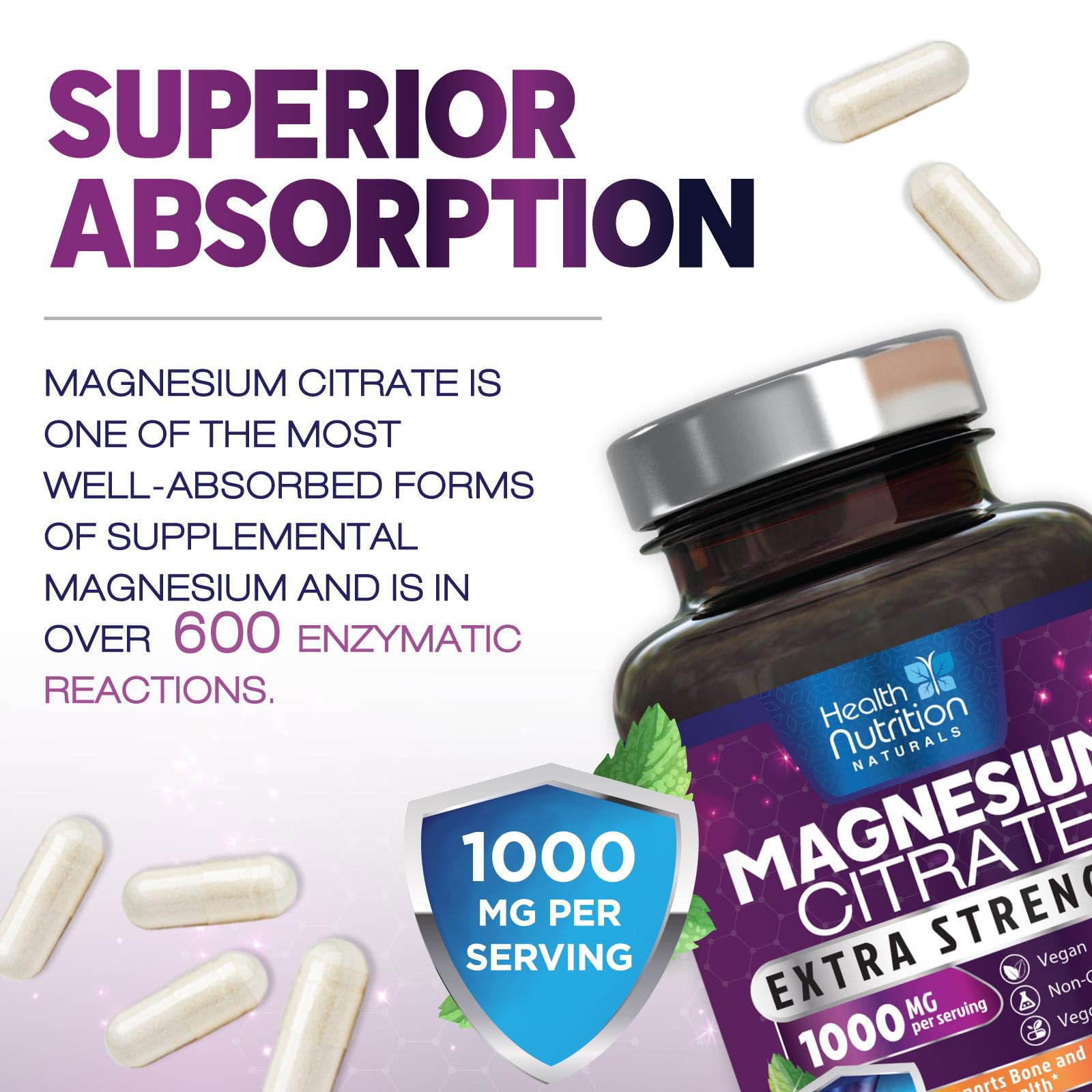 Magnesium Citrate 1000mg Per Serving - Max Absorption Magnesium Powder Capsules for Muscle, Nerve, Bone and Heart Health Support, High Absorption Citrate Complex