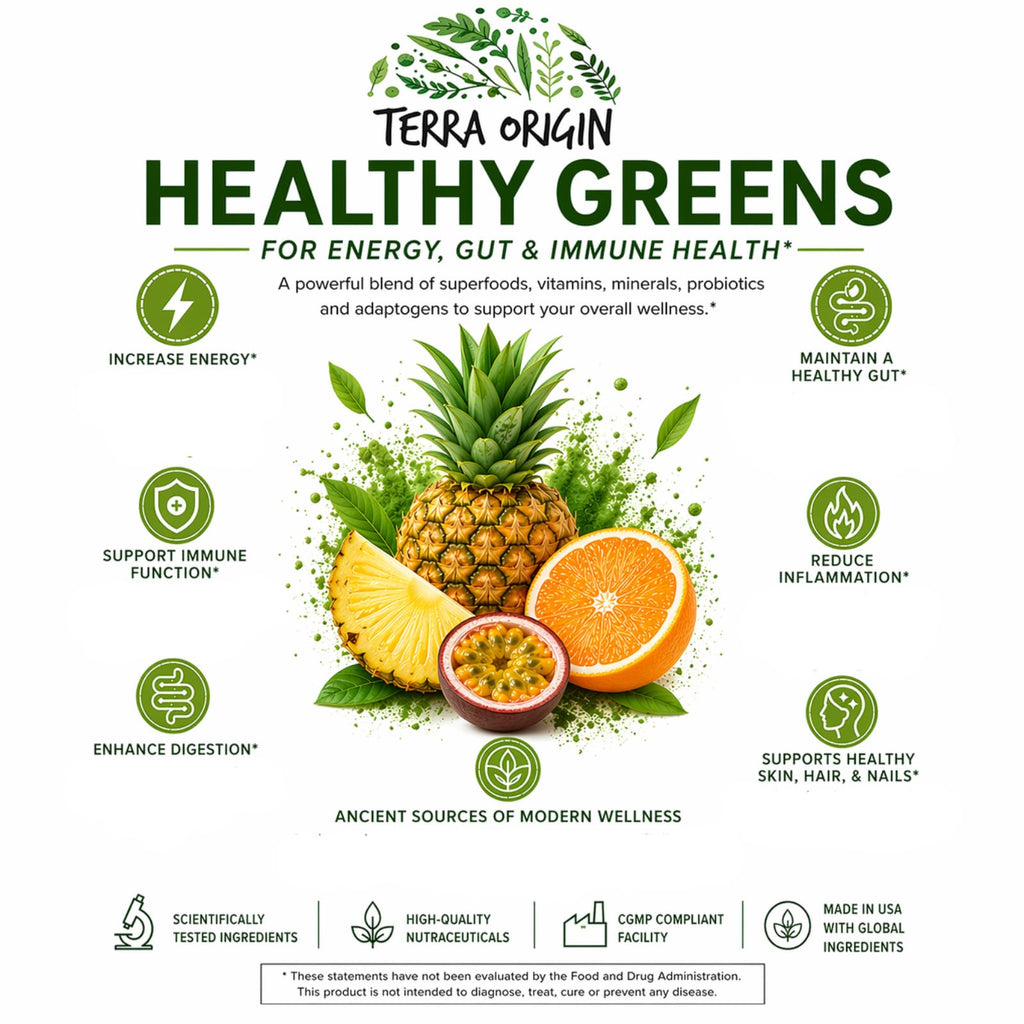 TERRA ORIGIN Healthy Greens Powder Supplement | Superfood Digestive Enzyme & Probiotic Blends | Immune, Gut, and Digestive Support for Women
