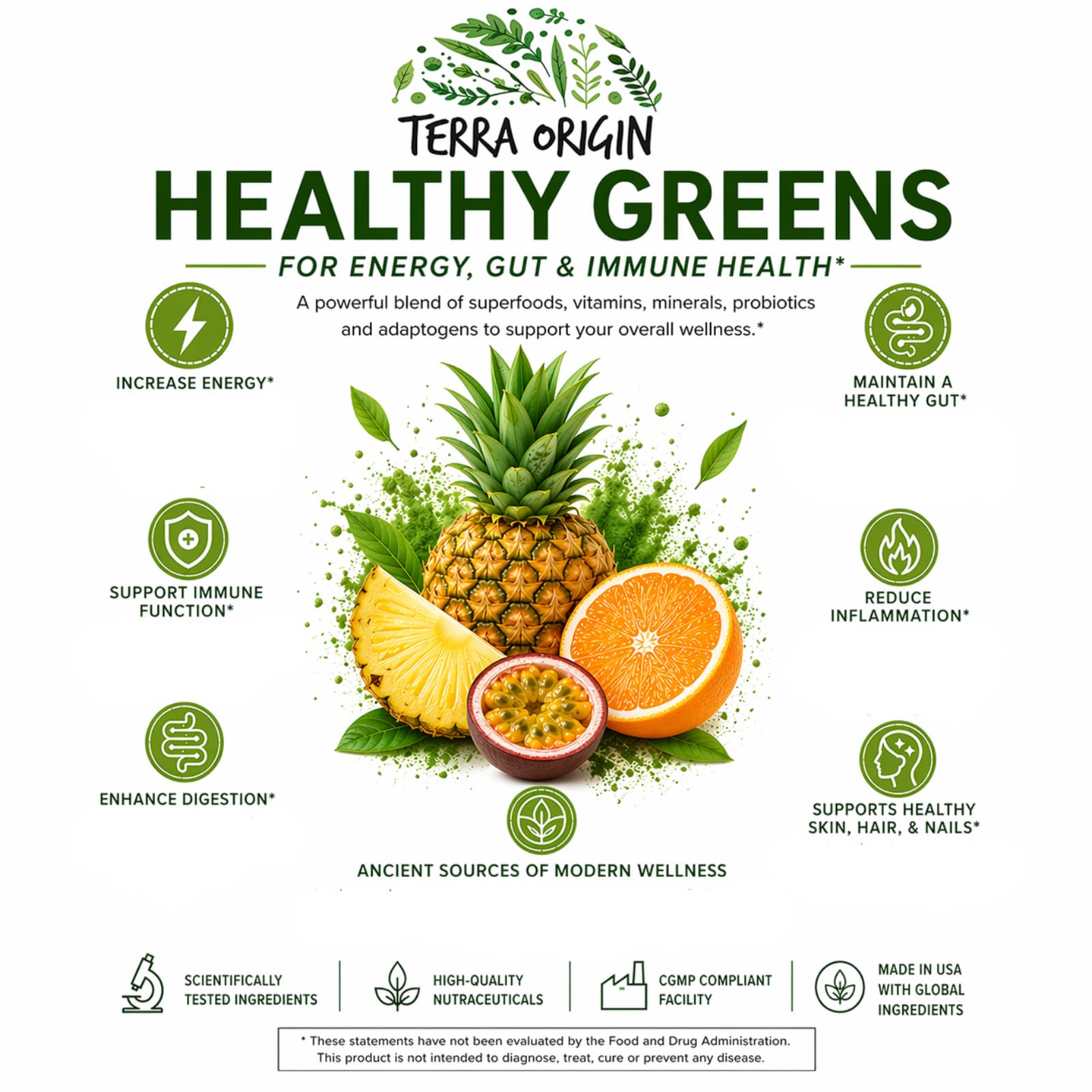 TERRA ORIGIN Healthy Greens Powder Supplement | Superfood Digestive Enzyme & Probiotic Blends | Immune, Gut, and Digestive Support for Women