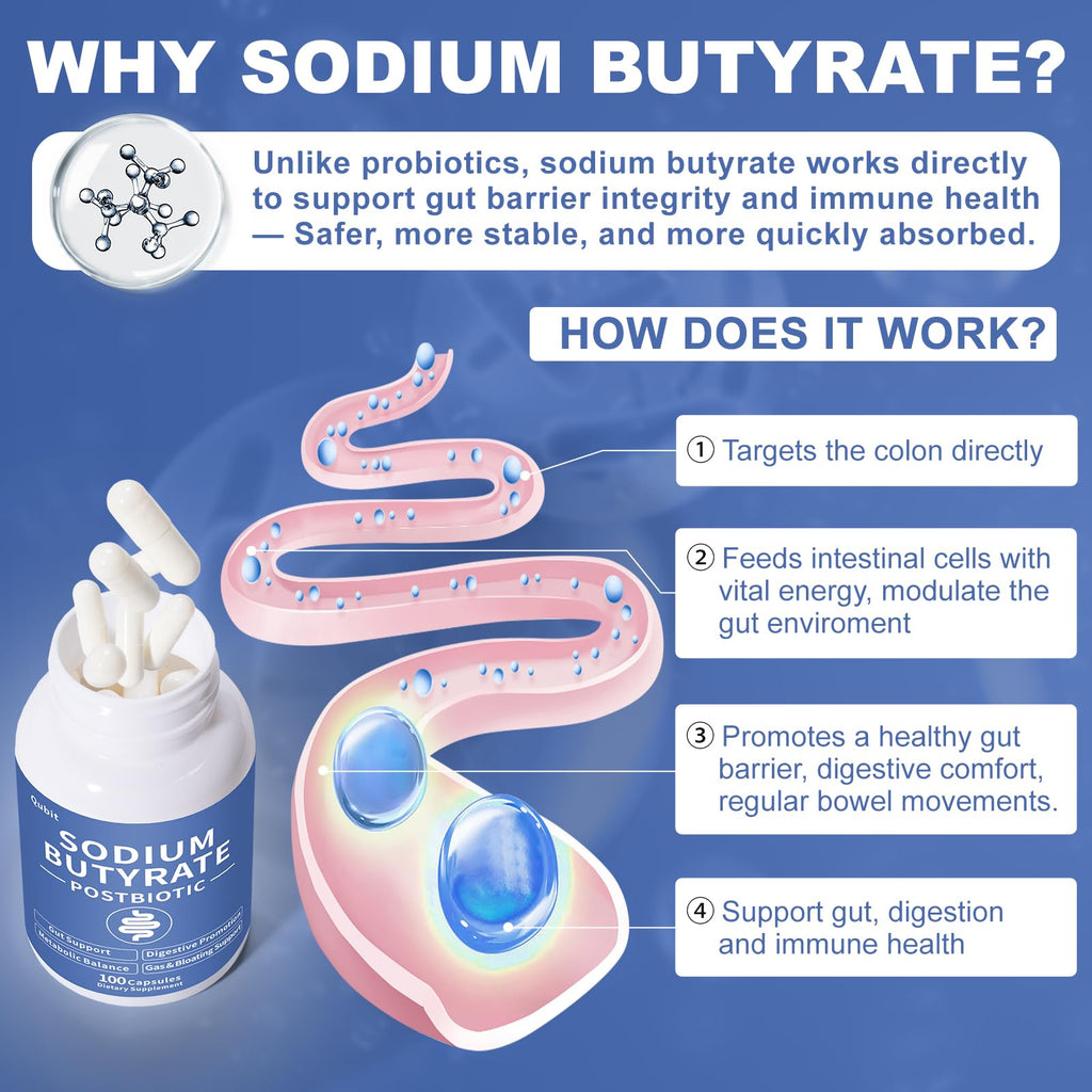 Sodium Butyrate Supplement – Postbiotic for Gut Health, Supports Digestion, IBS, Leaky Gut & Stomach Comfort – Low Odor, Easy to Swallow, No Side Effects – 100 Vegan Capsules QUBIT Au supplements