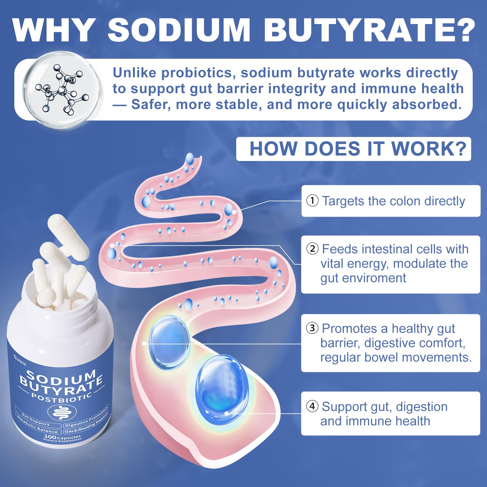 Sodium Butyrate Supplement – Postbiotic for Gut Health, Supports Digestion, IBS, Leaky Gut & Stomach Comfort – Low Odor, Easy to Swallow, No Side Effects – 100 Vegan Capsules QUBIT Au supplements