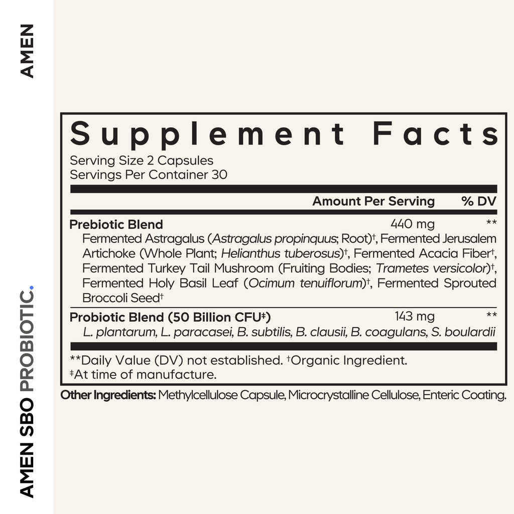 Amen Probiotics Supplement, SBO Probiotic and Organic Prebiotics, 50 Billion CFUs, Shelf Stable, No Refrigeration Required, Flora Daily Probiotic Formula for Women & Men
