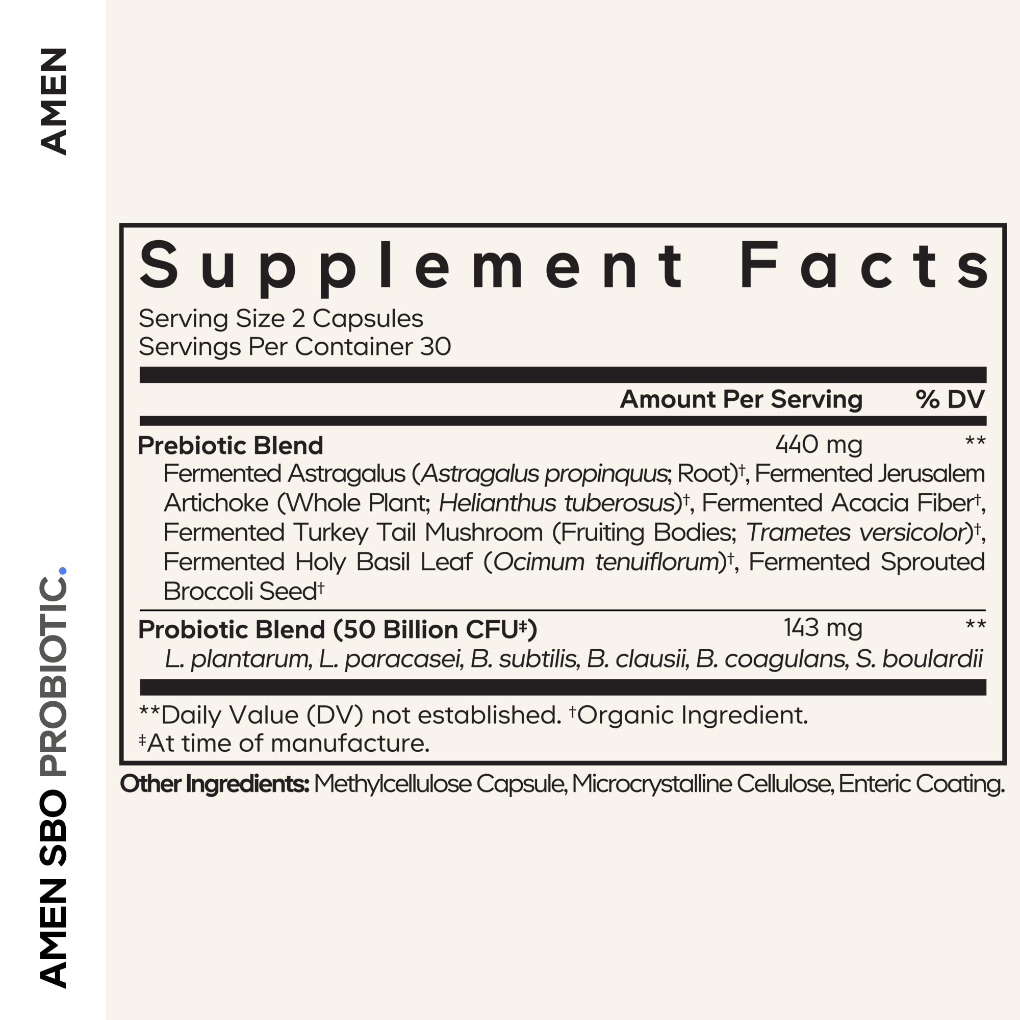 Amen Probiotics Supplement, SBO Probiotic and Organic Prebiotics, 50 Billion CFUs, Shelf Stable, No Refrigeration Required, Flora Daily Probiotic Formula for Women & Men