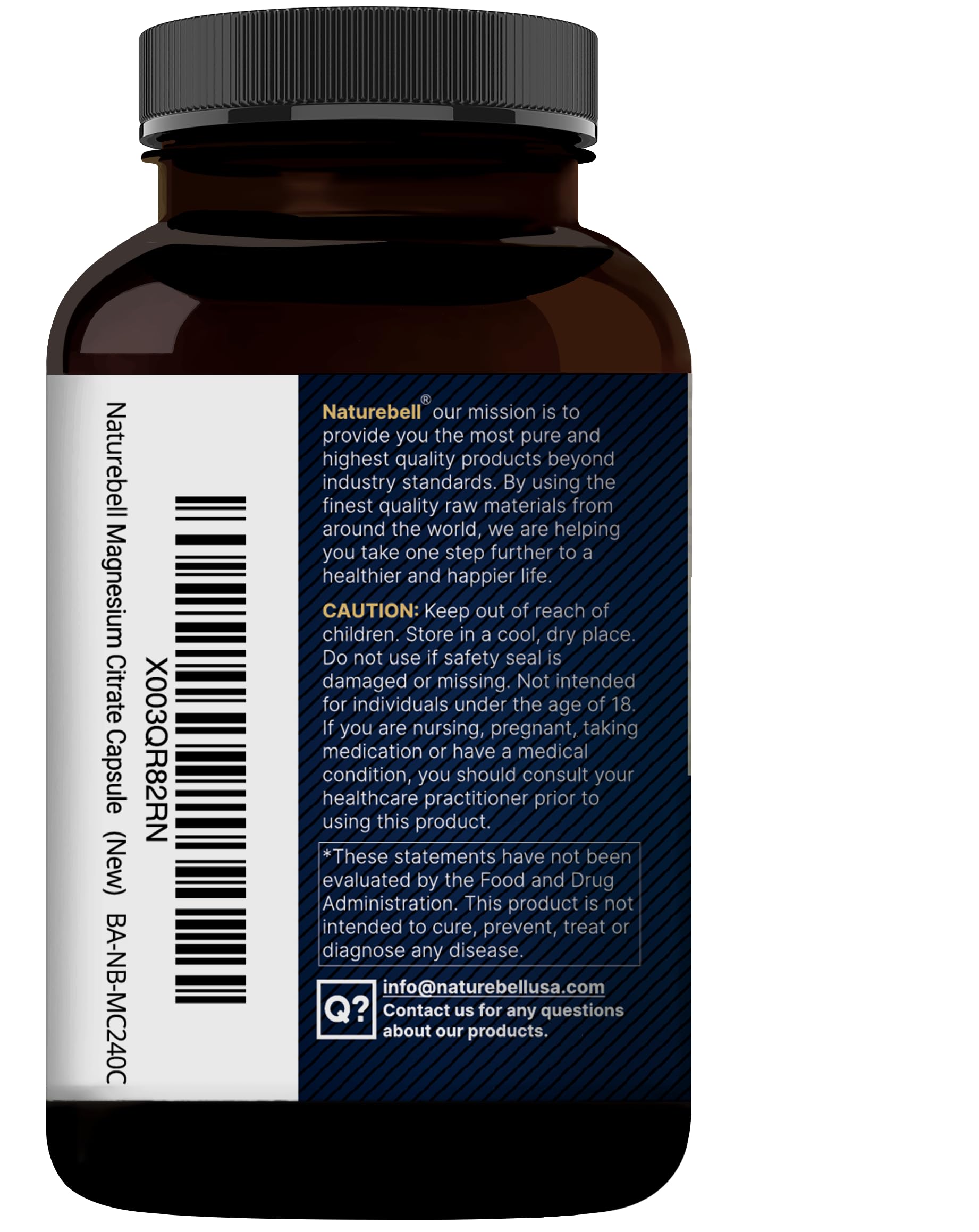 NatureBell Pure Magnesium Citrate 500mg per 3 Capsules Serving Size, 240 Capsules per Bottle