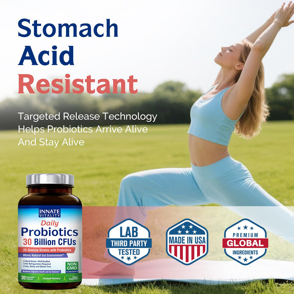 Innate Vitality Daily Probiotics for Women & Men, 30 Billion CFU of 25 Strains, Prebiotics, for Digestive Health Diarrhea Constipation Bloating & Gas Relief, Delayed Release, No Gluten, Vegan, 30 Caps Innate Vitality Au supplements