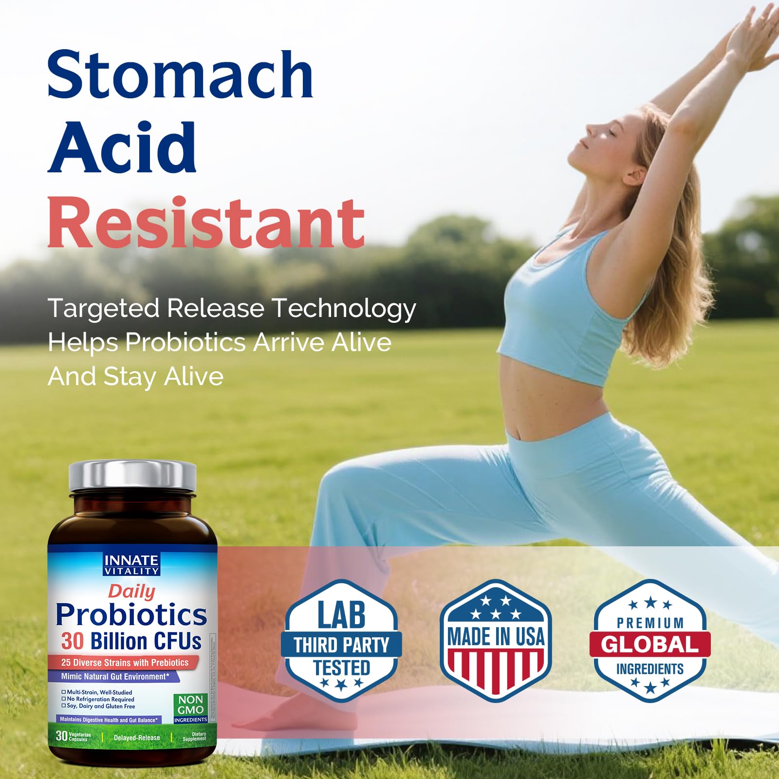 Innate Vitality Daily Probiotics for Women & Men, 30 Billion CFU of 25 Strains, Prebiotics, for Digestive Health Diarrhea Constipation Bloating & Gas Relief, Delayed Release, No Gluten, Vegan, 30 Caps Innate Vitality Au supplements