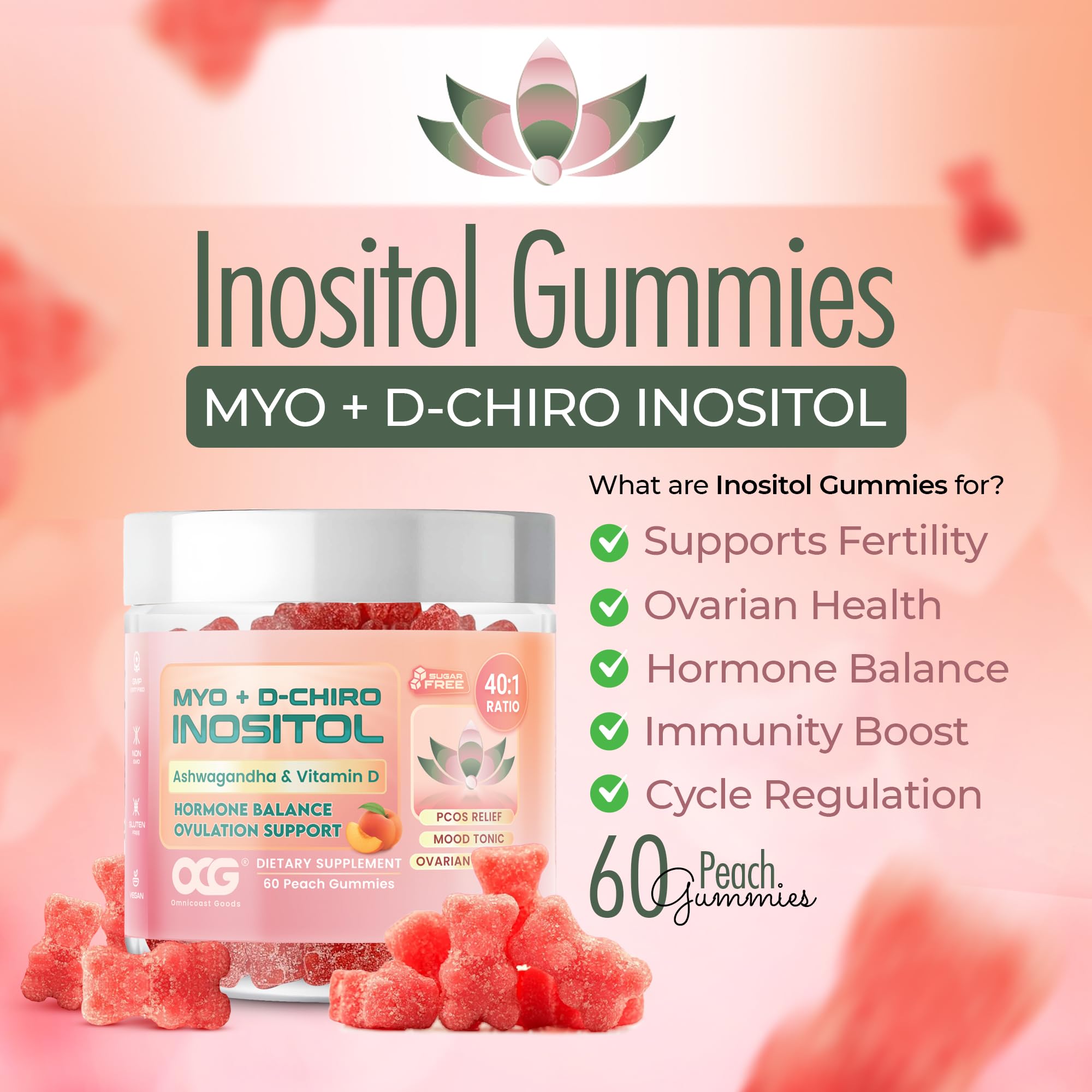 OMNICOAST GOODS, OCG Myo-Inositol & D-Chiro Inositol Gummies with Ashwagandha | PCOS Support | Ovulation & Mood Support, 40:1 Ratio Inositol for Hormone Balance, Sugar-Free, Non-GMO (60 Gummies) OMNICOAST GOODS, OCG Au supplements