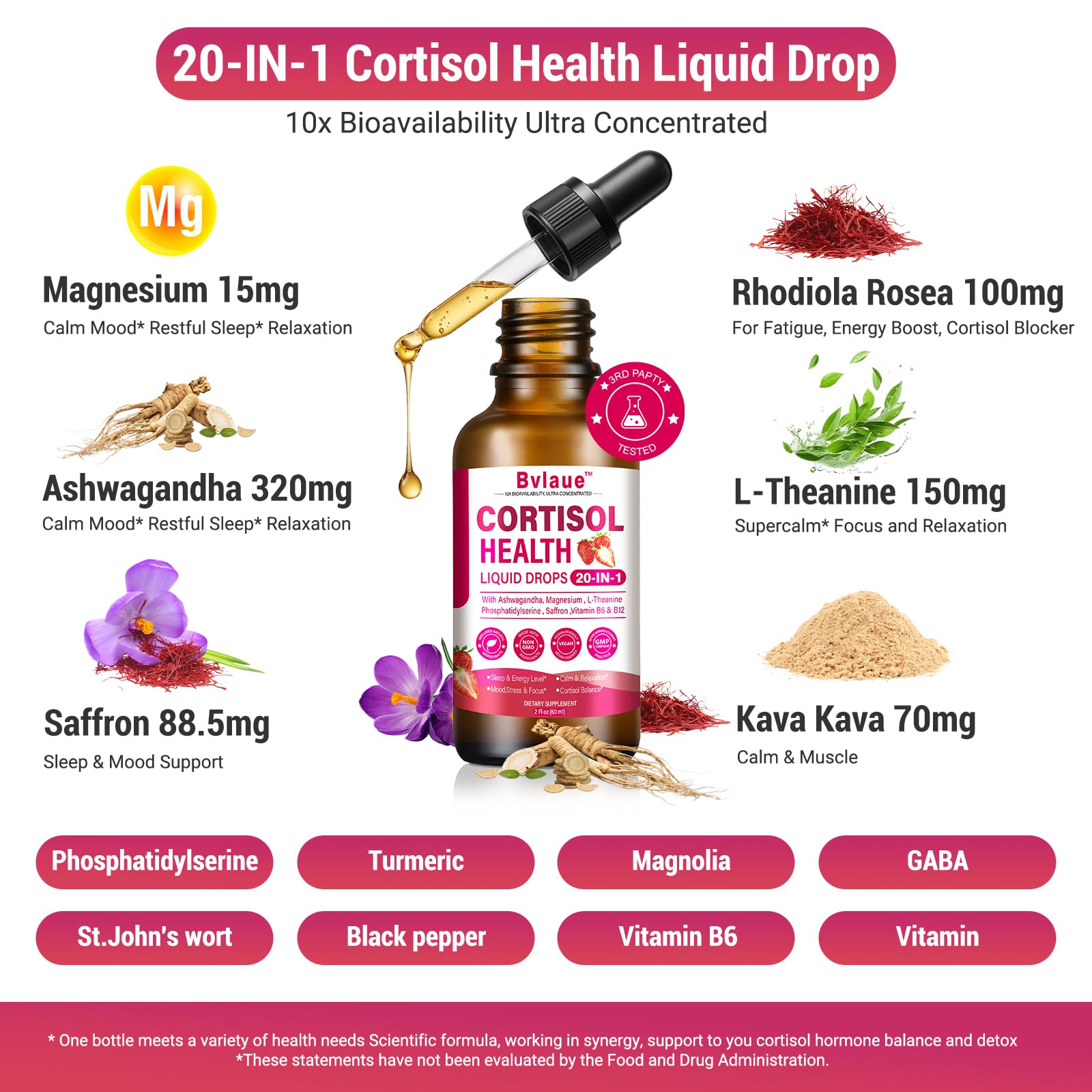 Bvlaue Cortisol Supplements Detox for Women - 20-in-1 Cortisol Reducer,Manager,Lower w/Ashwagandha,Magnesium,L-Theanine,Saffron,Rhodiola for Hormone Balance/Sleep/Stress Relief,Strawberry Flavor Bvlaue Au supplements