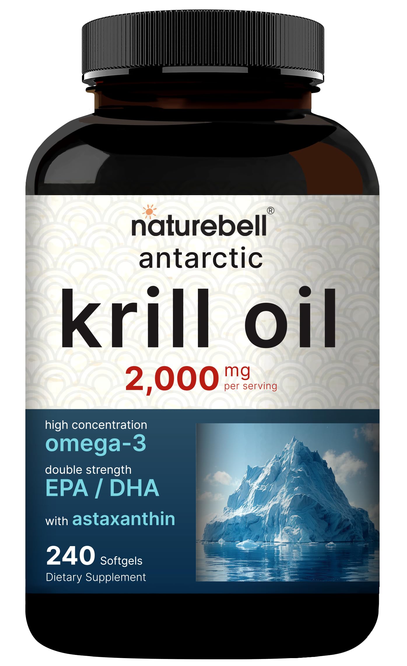 NatureBell Antarctic Krill Oil 2000mg Supplement, 240 Softgels, 3X Strength Natural Source of Omega-3s, EPA 240mg + DHA 160mg + Astaxanthin 800mcg