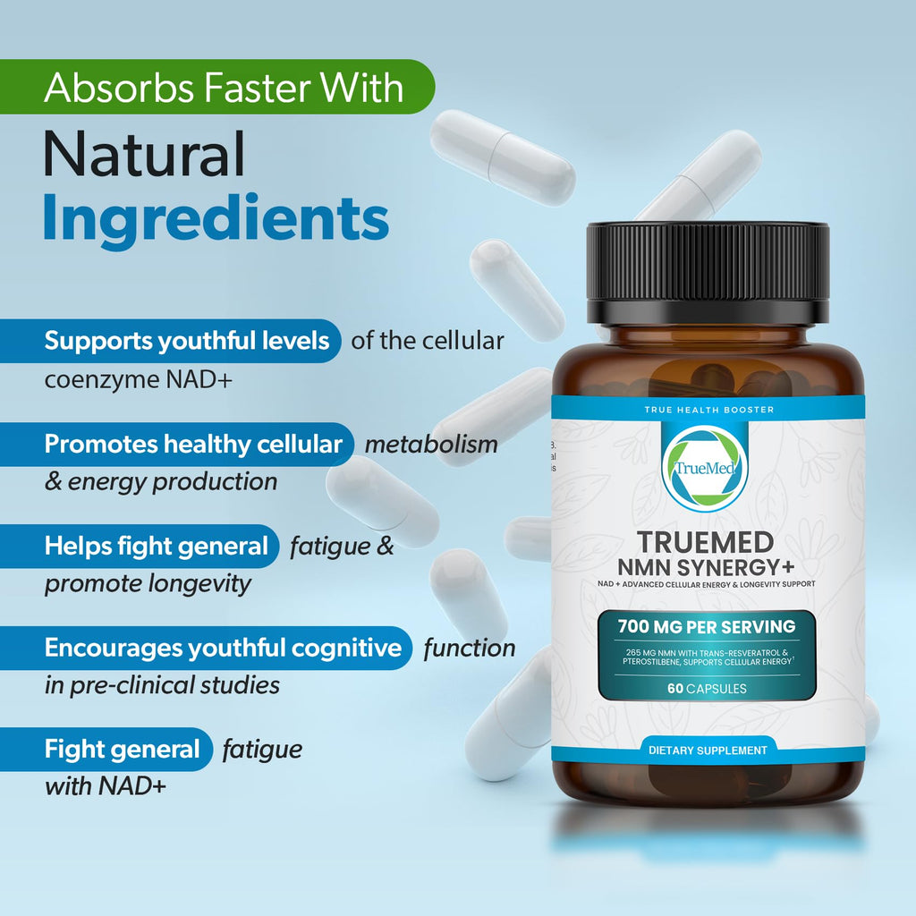 TRUEMED NMN Synergy+ 700mg – Premium NMN Supplement with Resveratrol & Pterostilbene | Advanced NAD+ Supplement for Cellular Energy, & Wellness Support | Non-GMO, Vegan, 60 Capsules TRUEMED Au supplements
