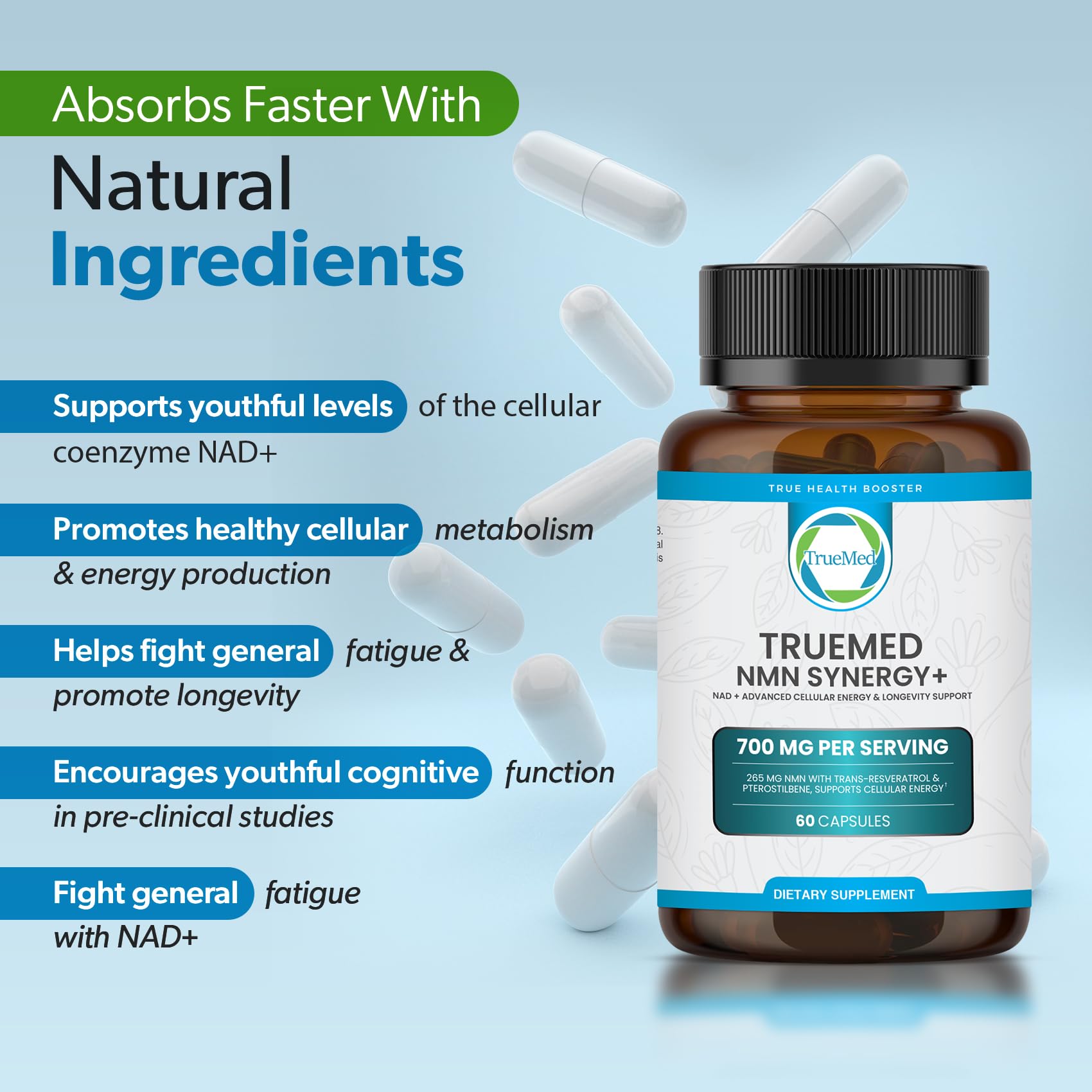 TRUEMED NMN Synergy+ 700mg – Premium NMN Supplement with Resveratrol & Pterostilbene | Advanced NAD+ Supplement for Cellular Energy, & Wellness Support | Non-GMO, Vegan, 60 Capsules TRUEMED Au supplements