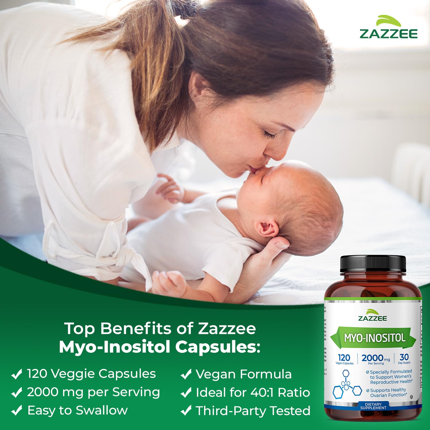 Zazzee Myo-Inositol Capsules, 2000 mg per Serving, 120 Vegan Capsules, Ideal Dosage for 40:1 Ratio, Certified Kosher, Hormone Balance & Healthy Ovarian