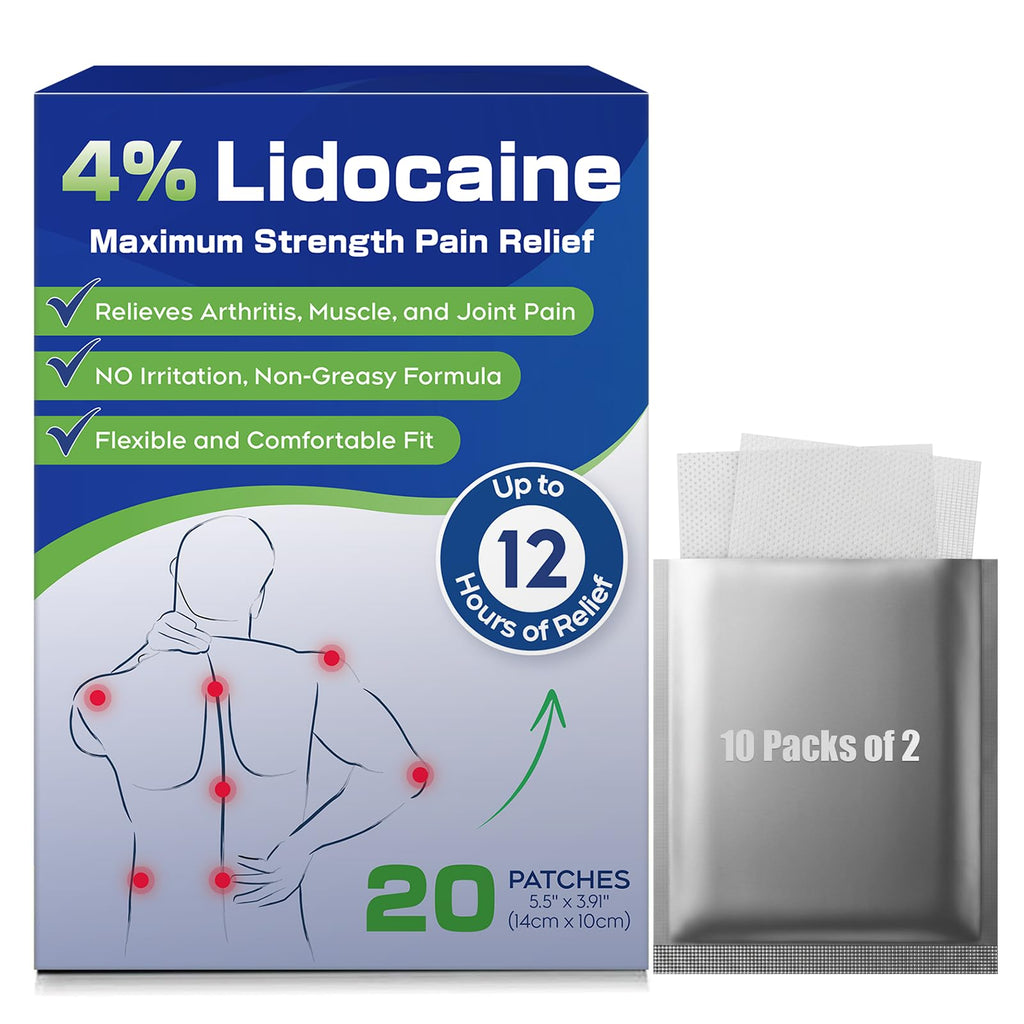 Uposiut 4% Lidocaine Patches - 20 Count Maximum Strength Lidocaine Patches, 10 Packs of 2 Patches for Muscle Pain Relief in The Neck, Shoulders, Back, Knees, and Anks, 12 Hour Pain Relief-012345 Uposiut Au supplements