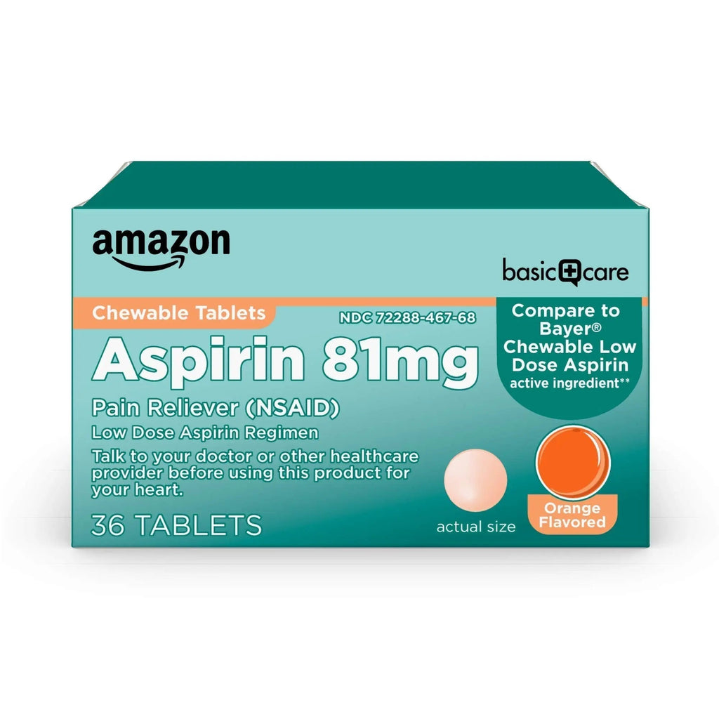 Amazon Basic Care Low Dose Aspirin 81 mg Chewable Tablets, Pain Reliever for Minor Aches, Orange Flavor, 36 Count Amazon Basic Care Au supplements