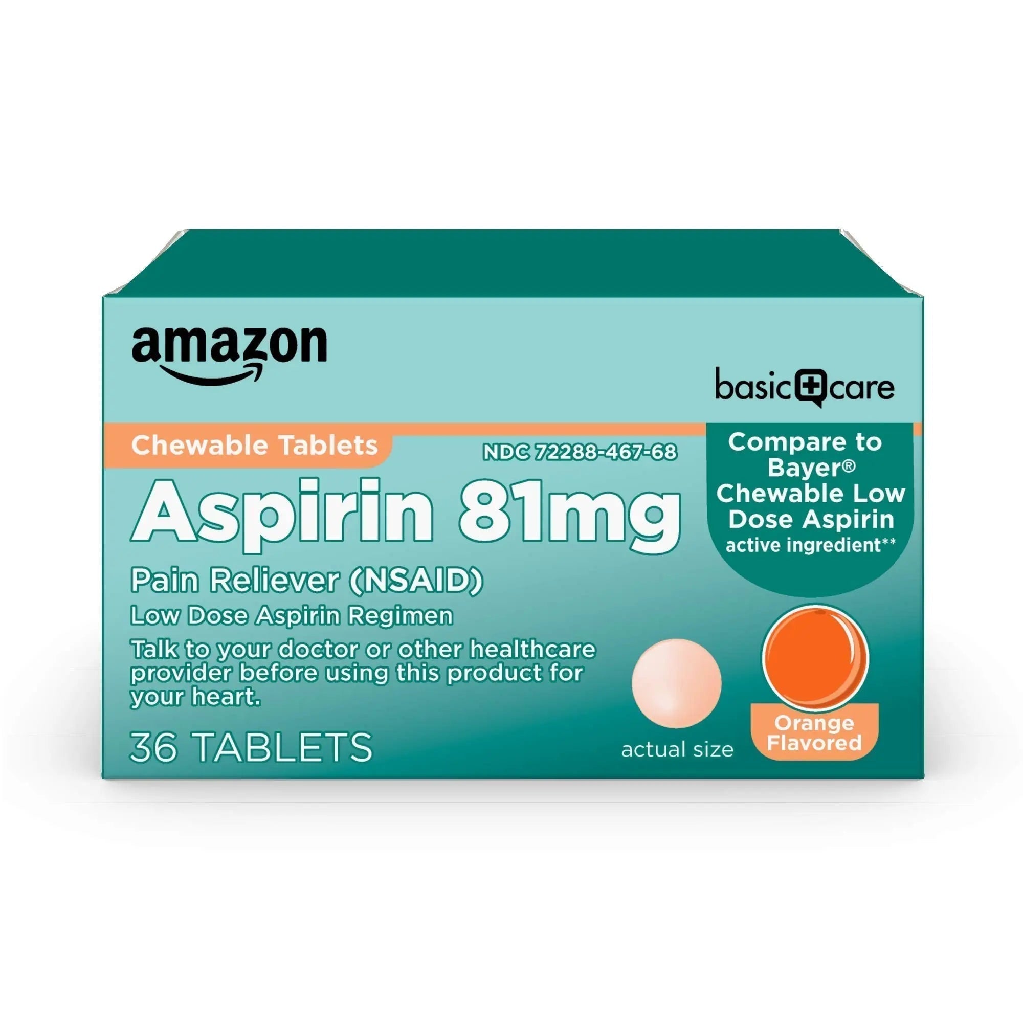 Amazon Basic Care Low Dose Aspirin 81 mg Chewable Tablets, Pain Reliever for Minor Aches, Orange Flavor, 36 Count Amazon Basic Care Au supplements