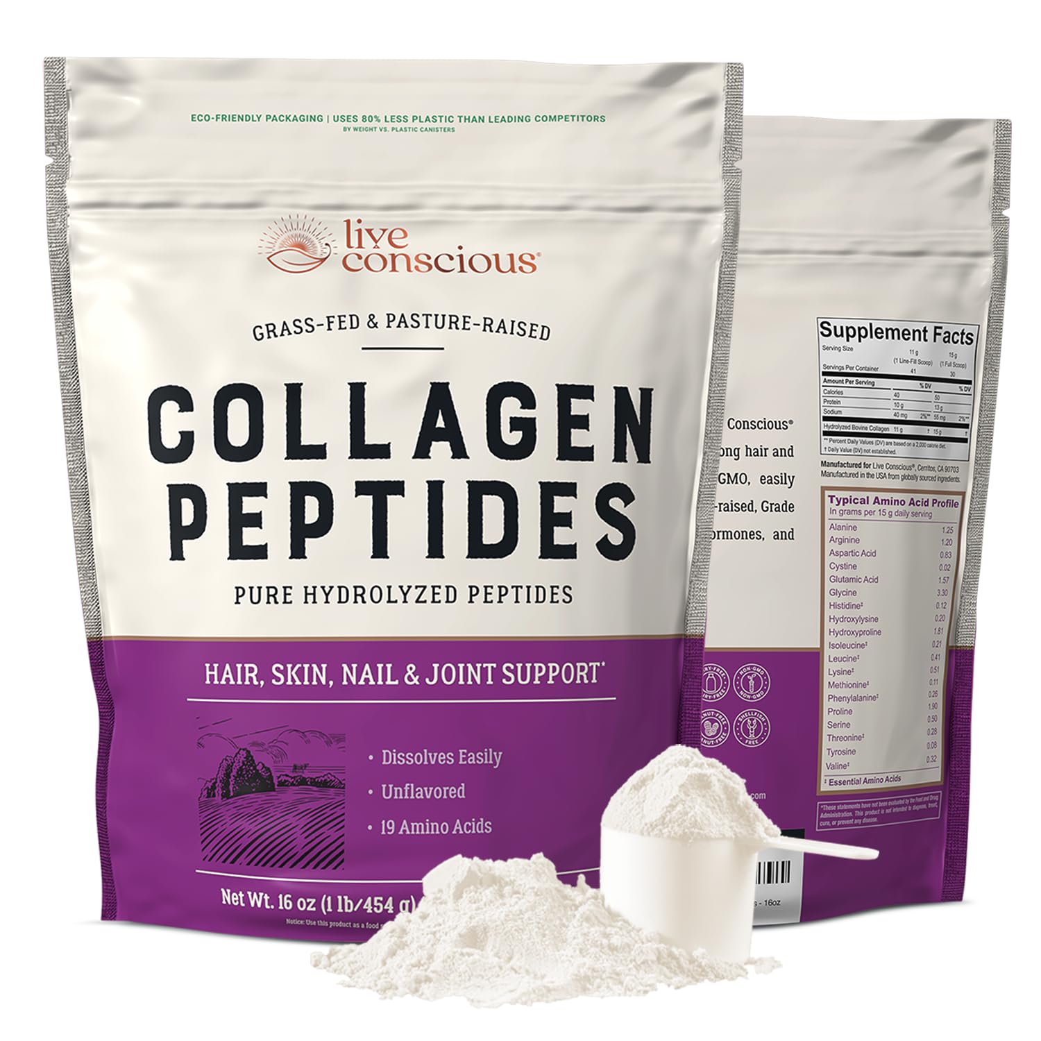 Live Conscious Collagen Peptides Powder - Naturally-Sourced Hydrolyzed Collagen Powder - Hair, Skin, Nail, and Joint Support - Type I & III Grass-Fed Collagen